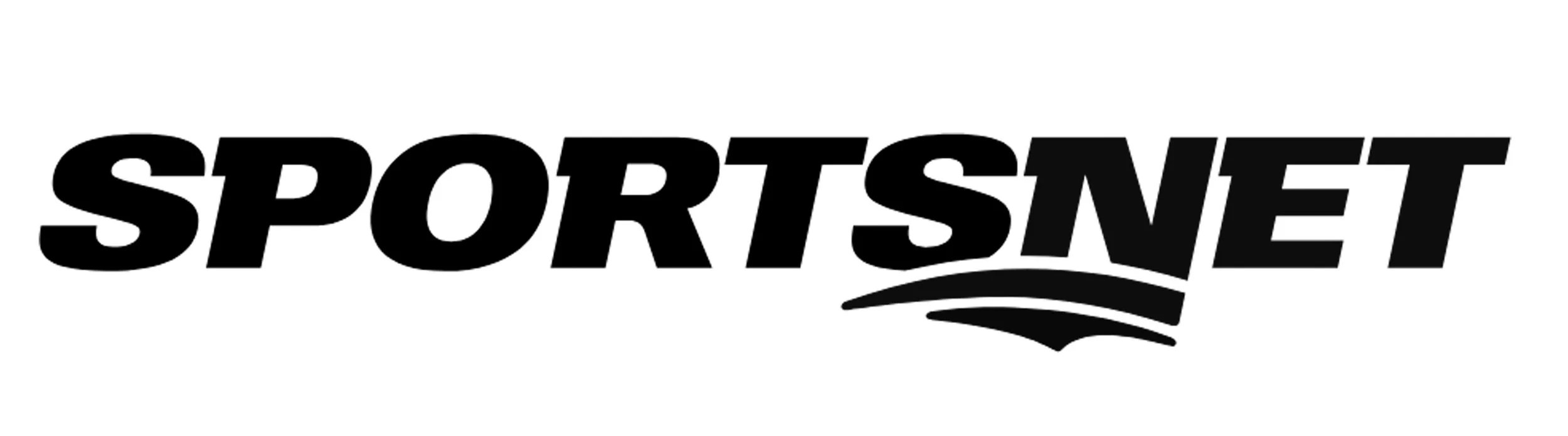 Black and white Sportsnet logo with stylized curved line under the text.