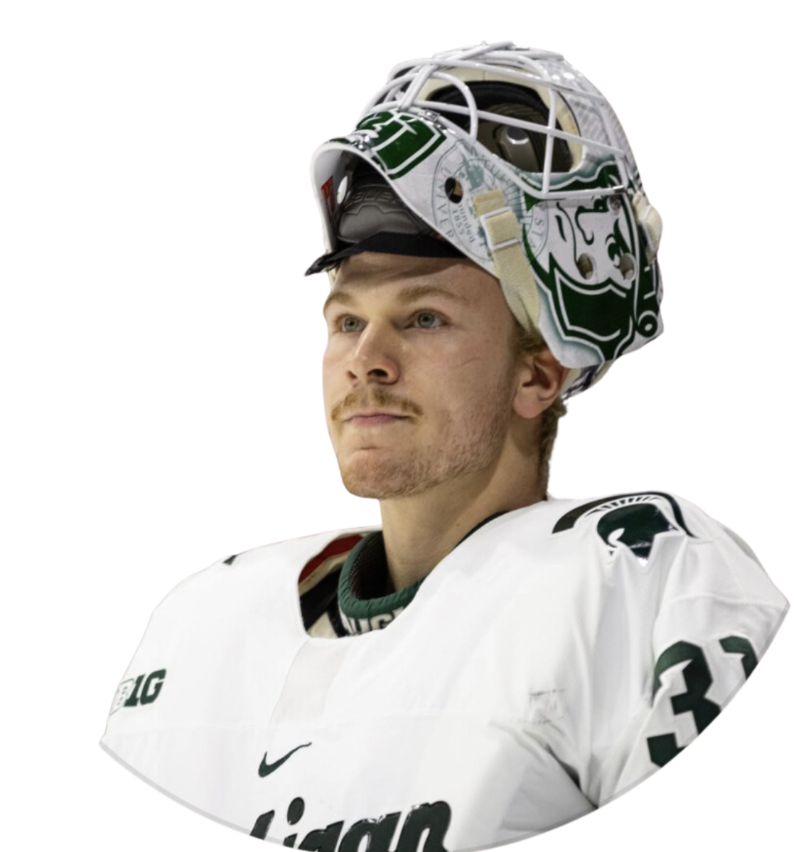 A male hockey goalie wearing a white jersey with green and black accents, a catcher's mask pushed up on his head, with a focused expression.
