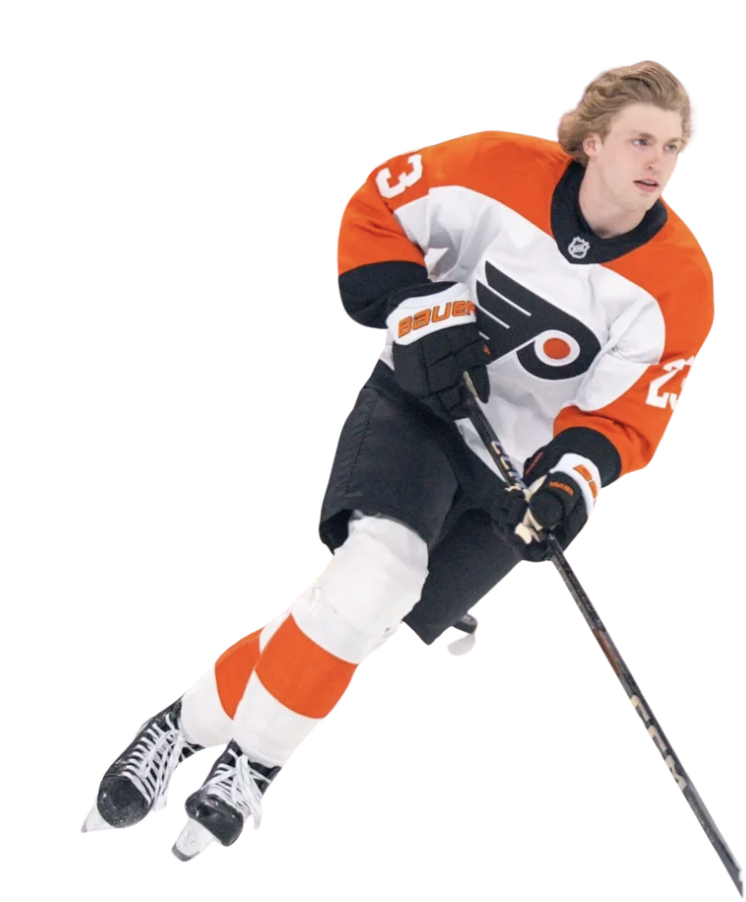 A male ice hockey player wearing a white, orange, and black jersey with the number 23, skating on ice with a hockey stick.