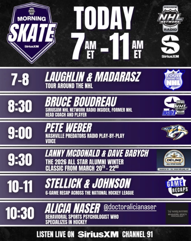 Schedule for SiriusXM NHL Network Radio, airing today from 7 AM to 11 AM ET, featuring interviews with NHL players and alumni, including Laughlin and Madaras at 7-8, Bruce Boudreau at 8:30, Pete Weber at 9, Lanny McDonald and Dave Babych at 9:30, and recap segments with Stellick and Johnson from 10 to 11, along with psychologist Alicia Naser at 10:30.