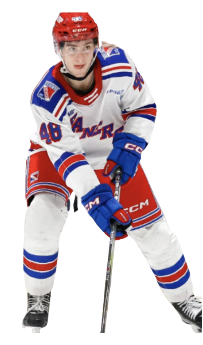 Hockey player in red, white, and blue uniform with the number 46 on hockey skates and holding a hockey stick.
