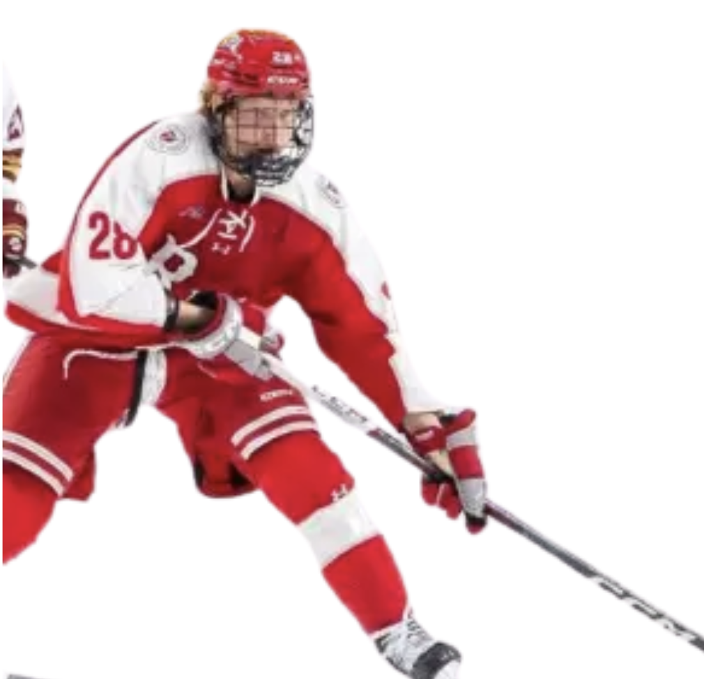 Ice hockey player wearing red and white uniform with a helmet, handlebar mustache, and holding a hockey stick.