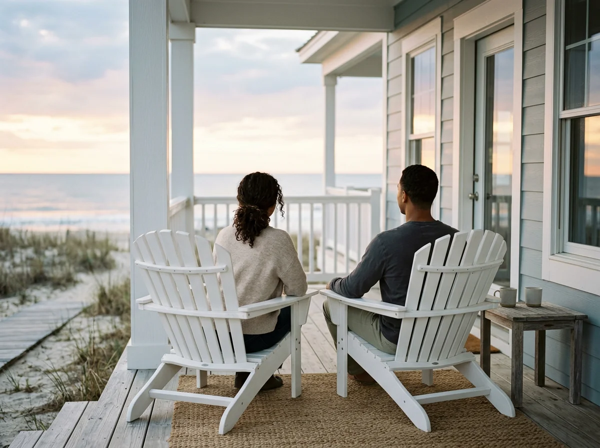 A man and woman sitting on white Adirondack chairs on a porch overlooking the beach at sunset.