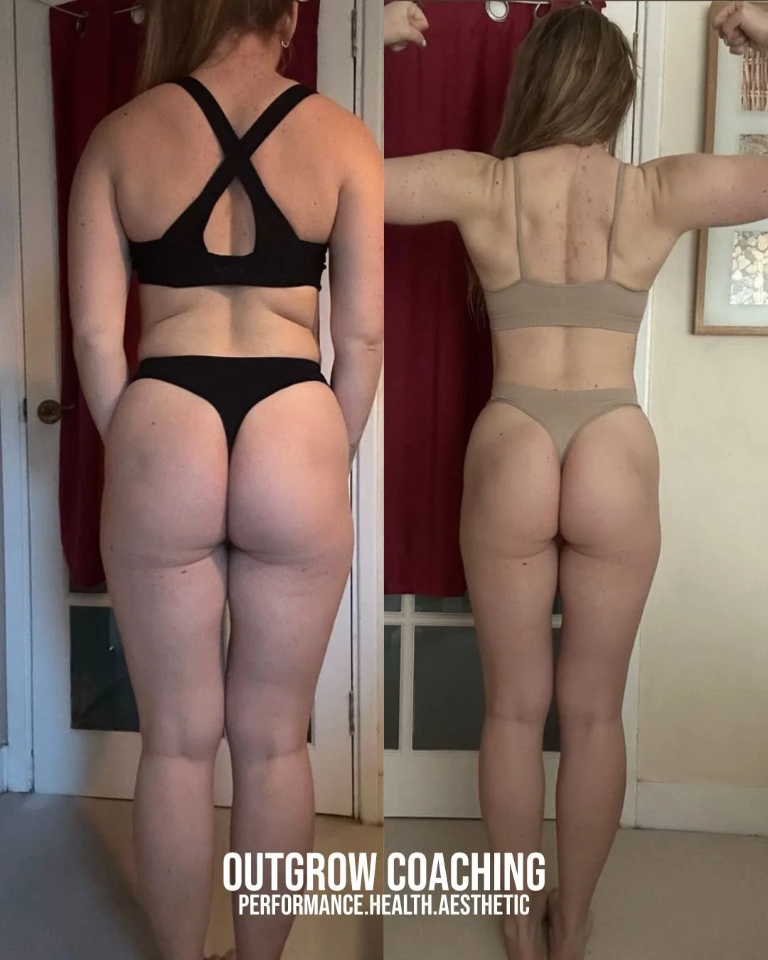 Side-by-side comparison of a woman's back and lower body before and after fitness coaching, showing improved muscle tone and body shape.