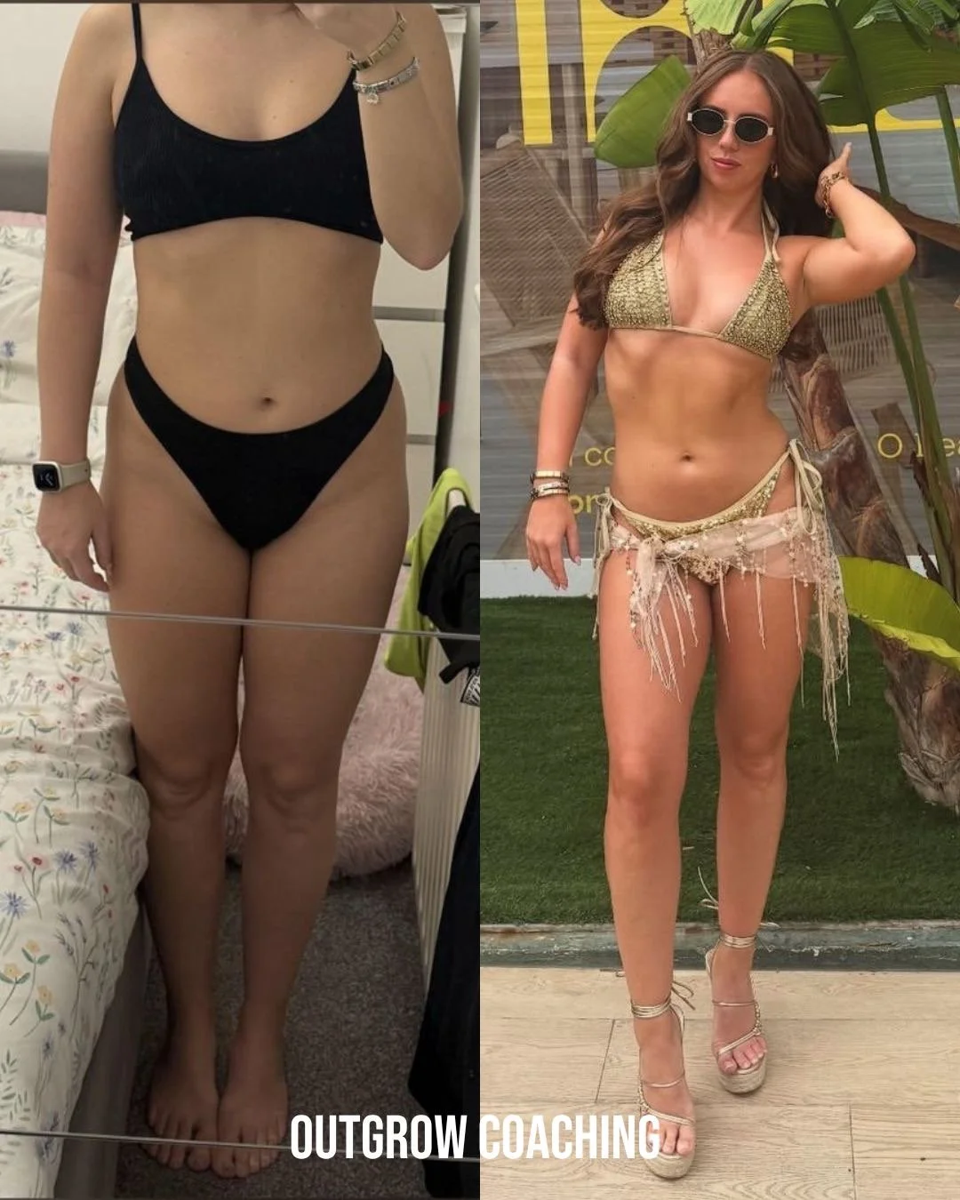 Side-by-side comparison of a woman before and after weight loss; on the left, she is wearing a black sports bra and underwear, standing in a bedroom; on the right, she is wearing a gold bikini top and a sheer, fringed skirt, standing outdoors with plants and a wooden background.
