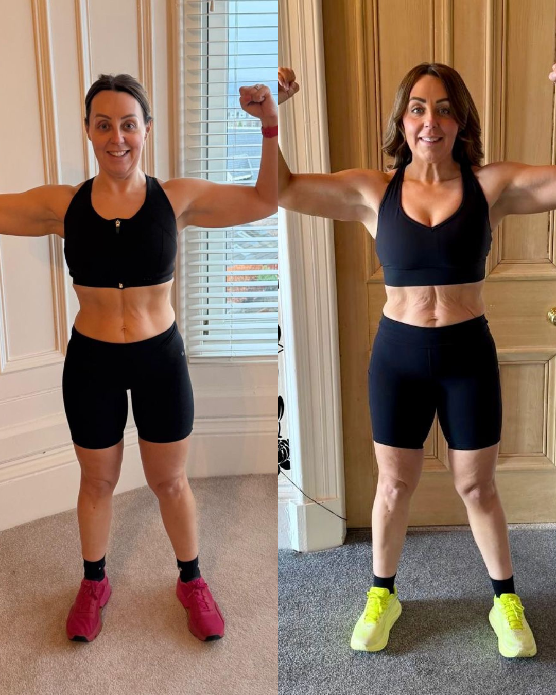 Side-by-side photos of a woman in athletic clothing, showing fitness progress. On the left, she has short dark hair, and on the right, she has longer, wavy dark hair. She is smiling and posing with her arms flexed in both photos, wearing a black sports bra and black shorts, with pink shoes in the left image and yellow shoes in the right.