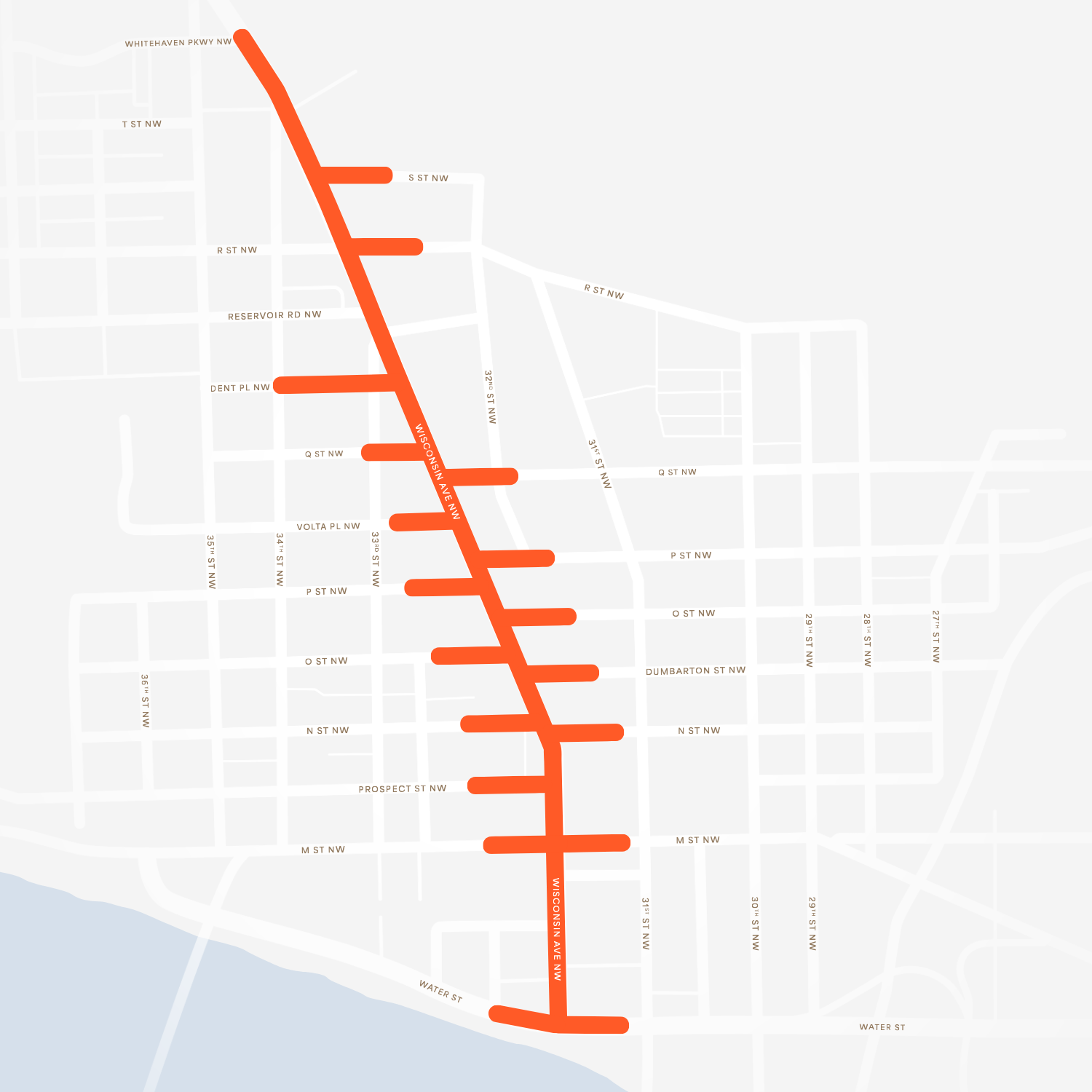 Map showing a red transit route along Wisconsin Avenue NW, from Whitehaven Parkway NW in the north to Water Street in the south, with several stops marked along the route.