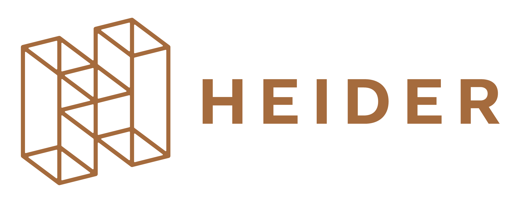 Logo of Heder with a geometric design resembling wind turbines or architectural structures, in brown color.