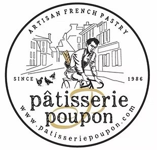Logo for Pâtisserie Poupon, featuring a baker drawing bread in a bakery setting with French text and website URL.