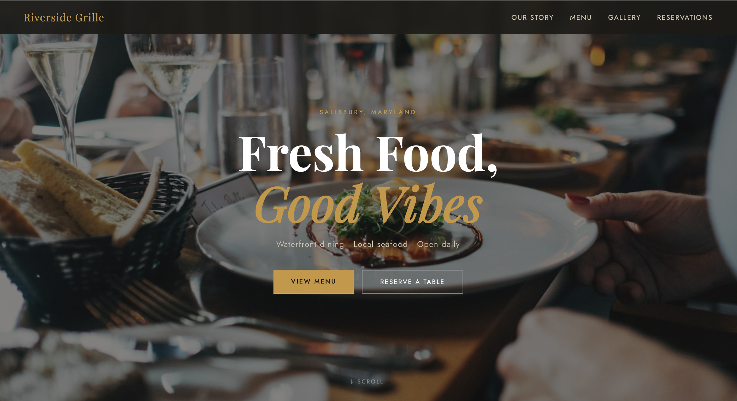 A restaurant website homepage with a background image of a dining table set with wine glasses, plates, and a basket of bread, featuring text promoting fresh food and good vibes.
