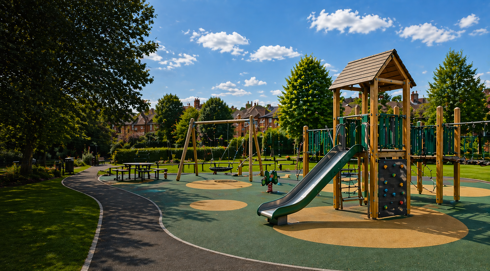 A playground with swings, a slide, climbing wall, and picnic tables, surrounded by trees and residential houses.