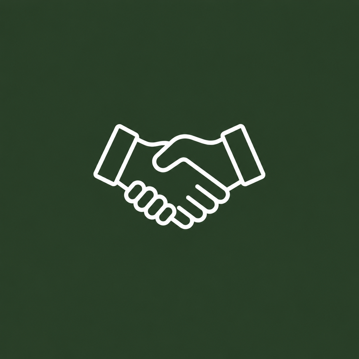Line drawing of a handshake on a dark green background.
