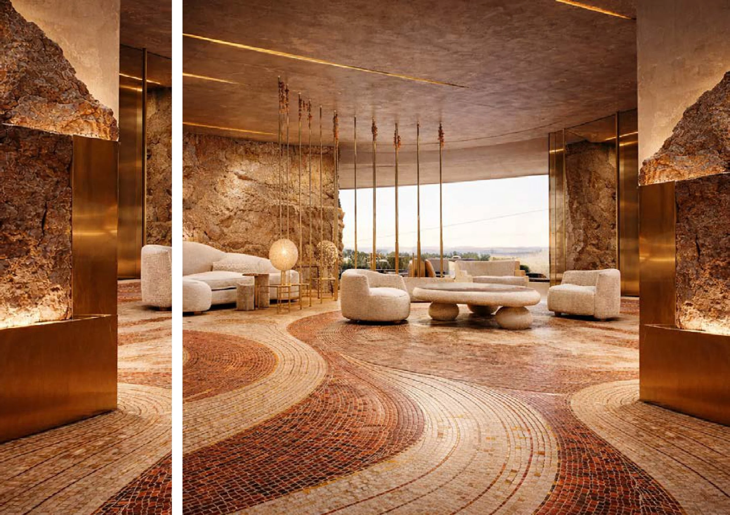 Intérieur d'un salon moderne avec des meubles en velours beige, des lampes rondes de style boho, un sol en mosaïque de couleurs chaudes, et de grandes fenêtres laissant entrer la lumière naturelle avec vue sur l'extérieur.