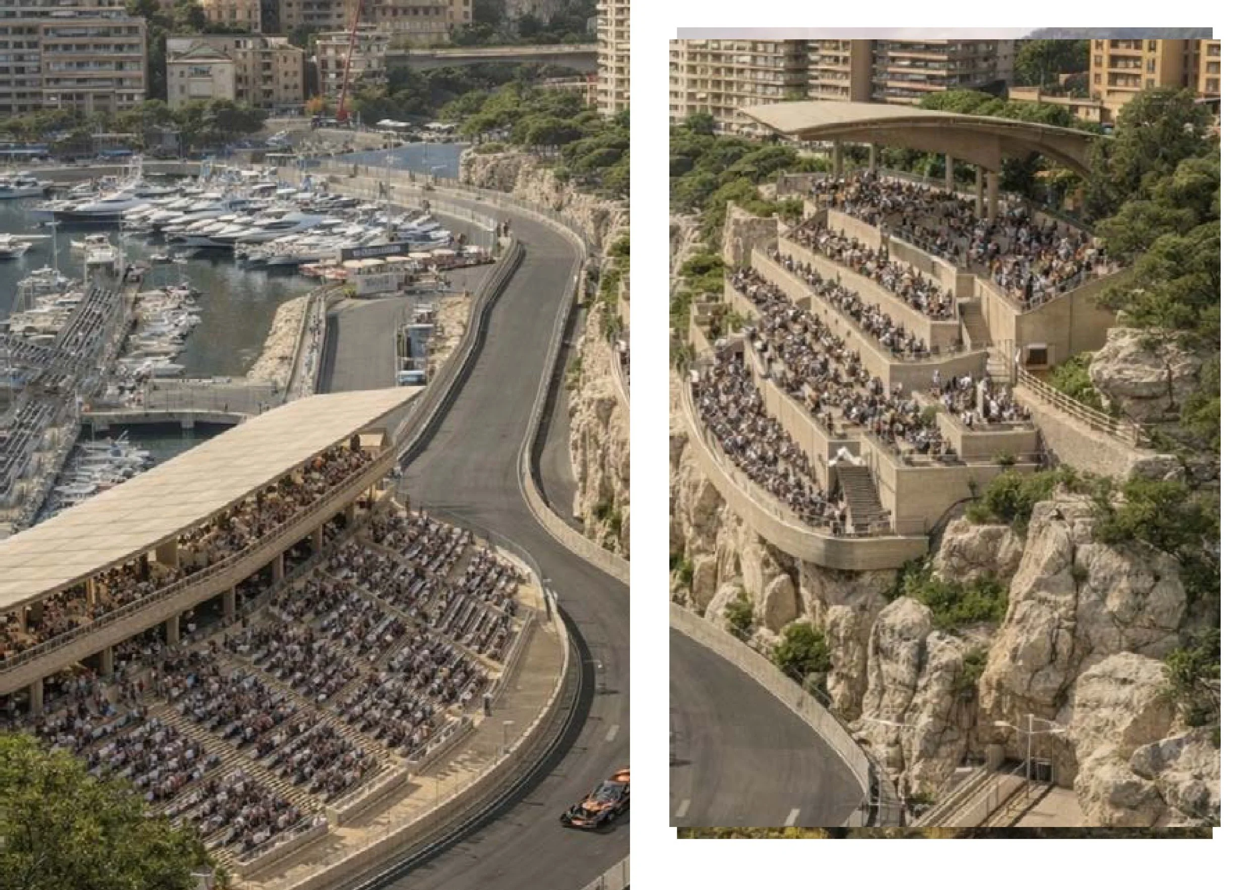 Deux photos d'une ville sur une côte rocheuse, montrant un port avec des bateaux dans l'eau et une terrasse en haut d'une falaise bondée de personnes. La première image montre un port touristique avec des yachts et une promenade, tandis que la second