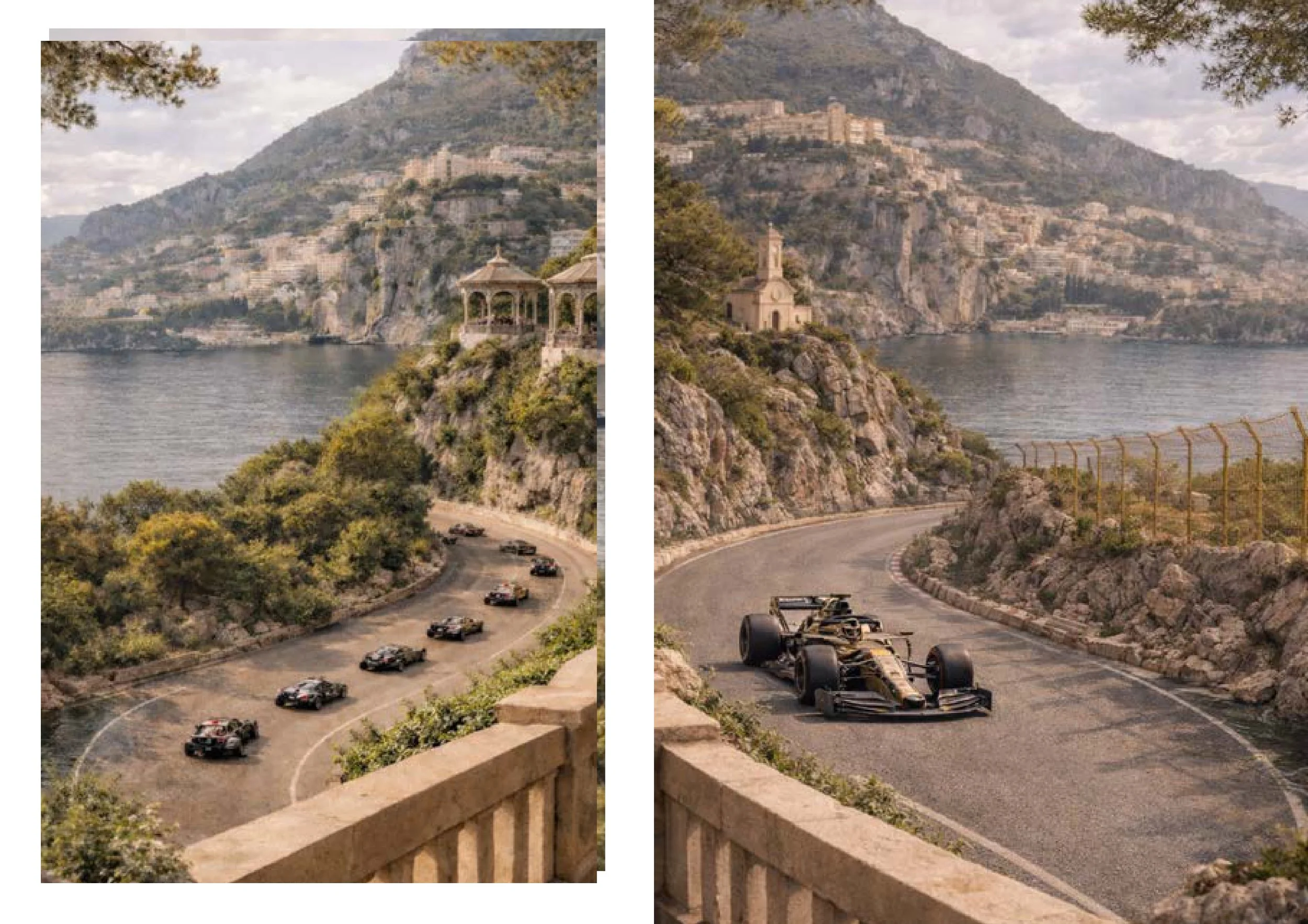 Deux images côte à côte montrant une route serpentant autour d'une montagne avec un lac au bord. La première image montre une rangée de voitures de course dans un virage, avec un petit bâtiment et une terrasse en pierre au premier plan. La seconde im
