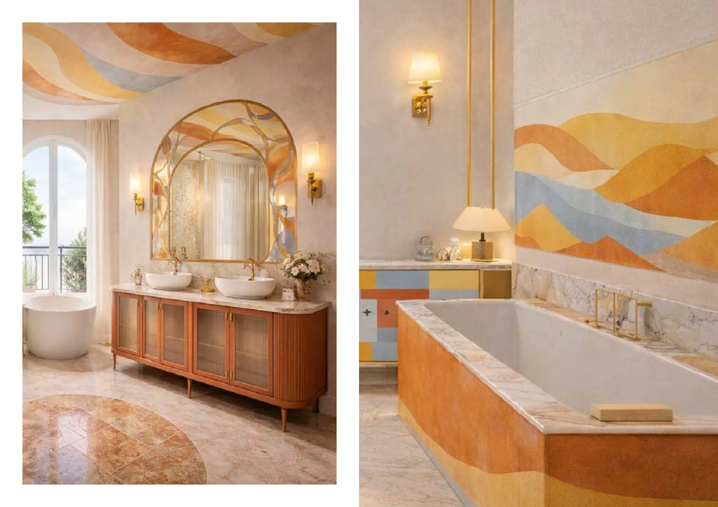 Une salle de bain élégante avec un mur peint dans des couleurs pastel, un miroir original en forme d'arc avec un cadre métallique doré, deux lavabos blancs sur une vanité en bois, un miroir rectangulaire en face, un mur avec une lampe murale et une é