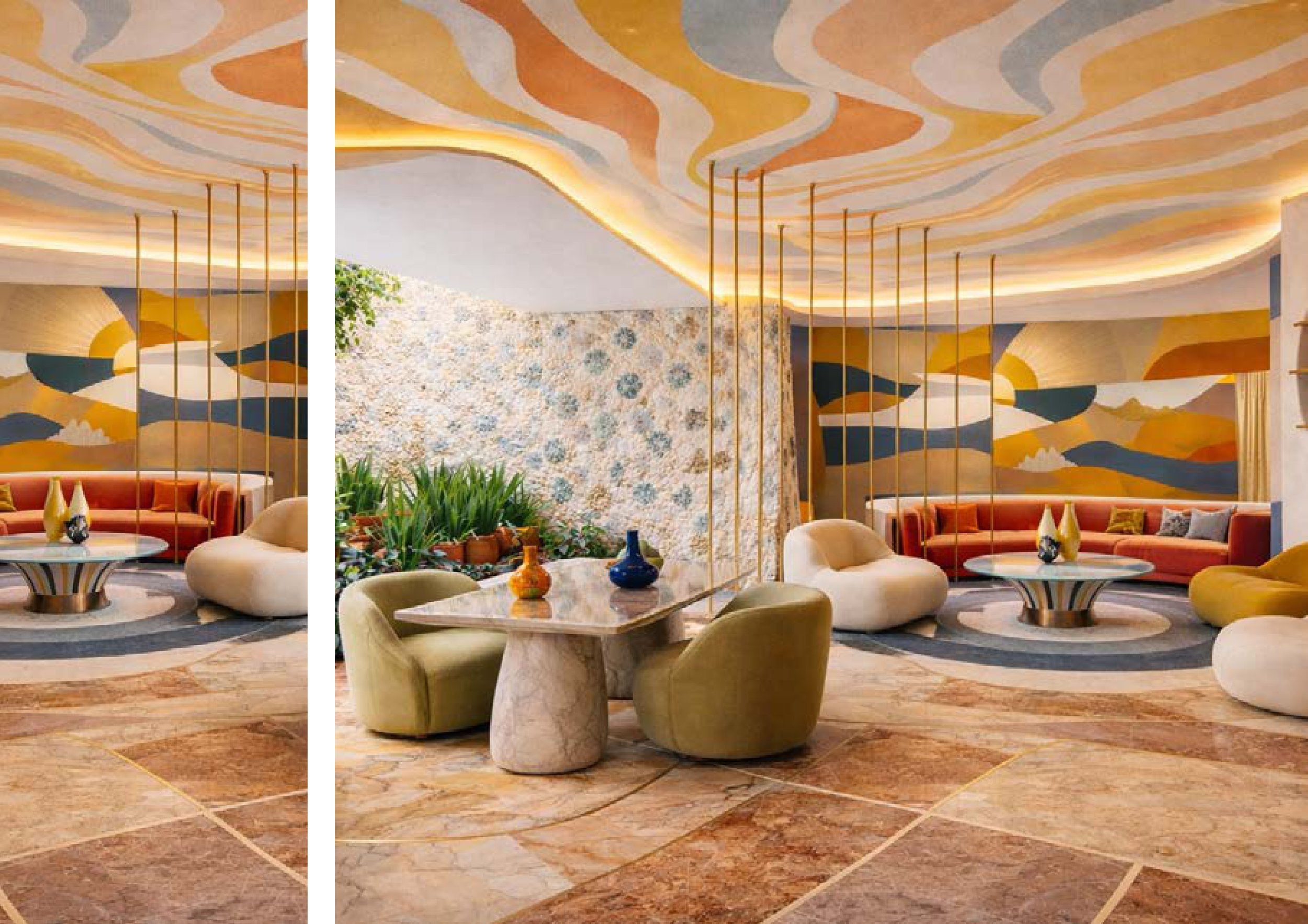 Un intérieur de salon ou réception luxueuse avec un plafond peint aux couleurs chaudes, des meubles en velours orange et crème, des tables en pierre avec des vases colorés, et des murs décorés d'un motif abstrait. Il y a également un mur en pierre et