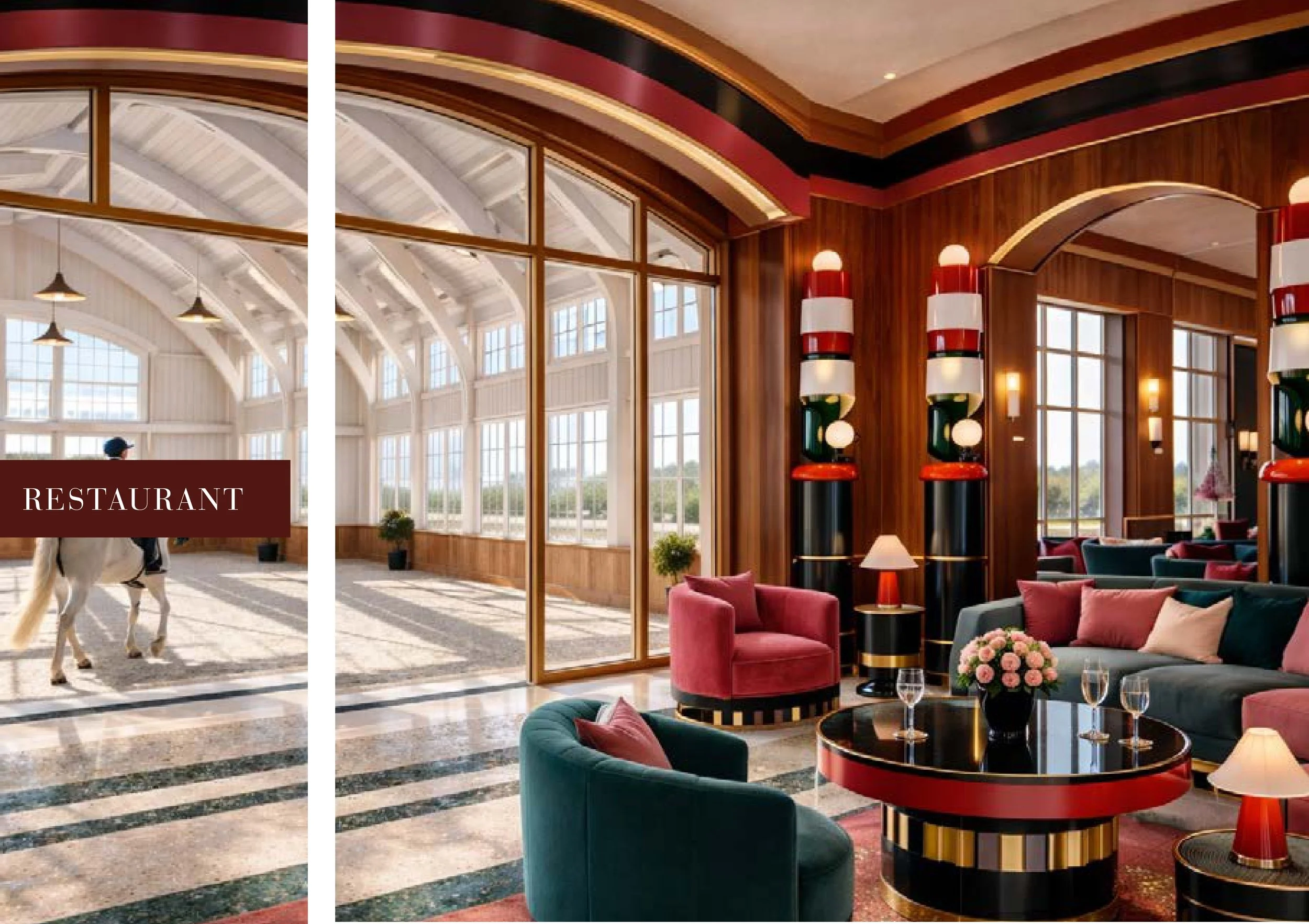 Une salle élégante avec de grandes fenêtres, des lampes suspendues, des murs en bois, des lampadaires colorés de style rétro, un canapé vert turquoise et un fauteuil rouge, avec une table ronde en verre et des fleurs enArrangement