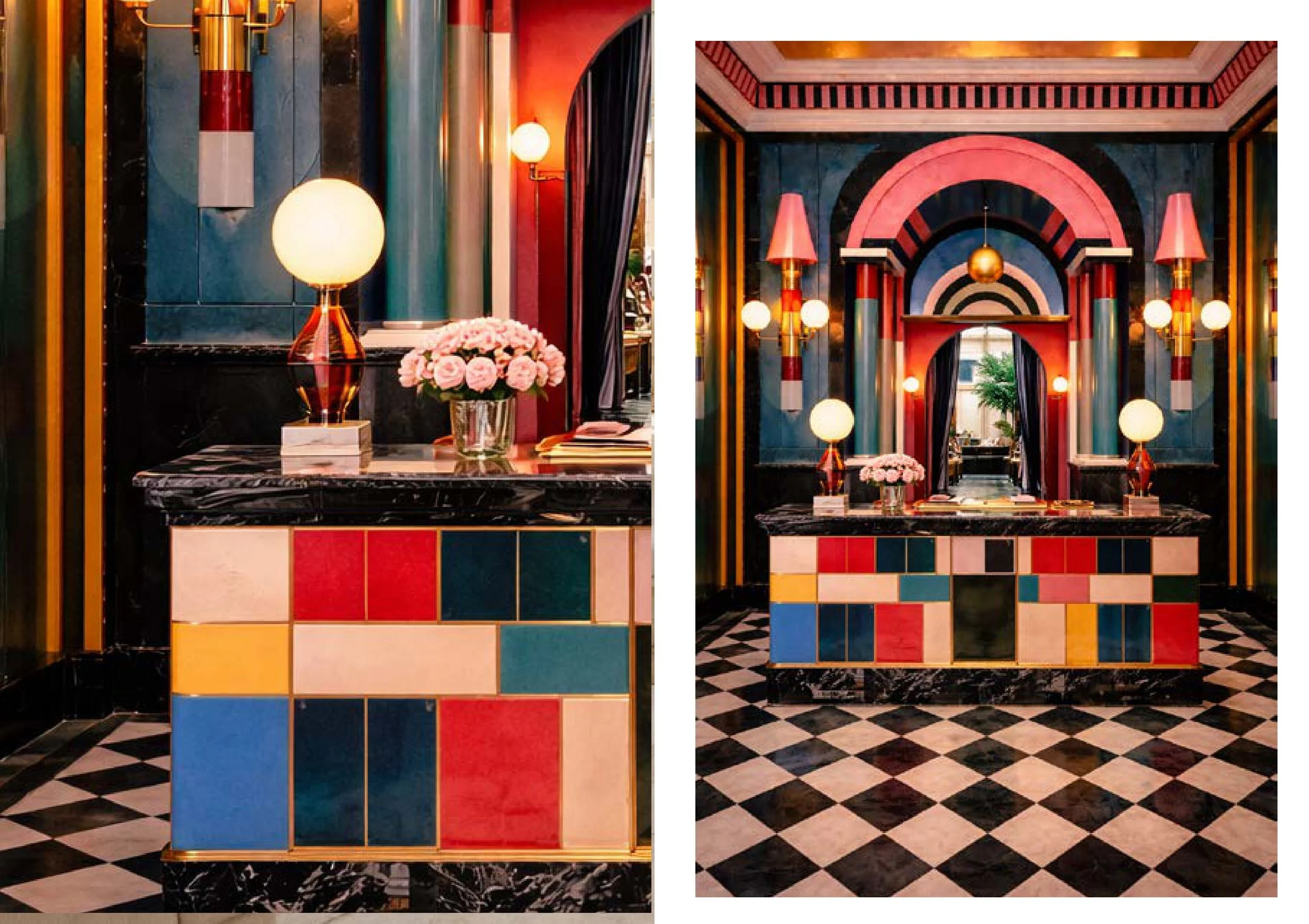 Deux colonnes décoratives avec des lampes et des fleurs roses dans un intérieur coloré avec des motifs de carreaux noirs et blancs.