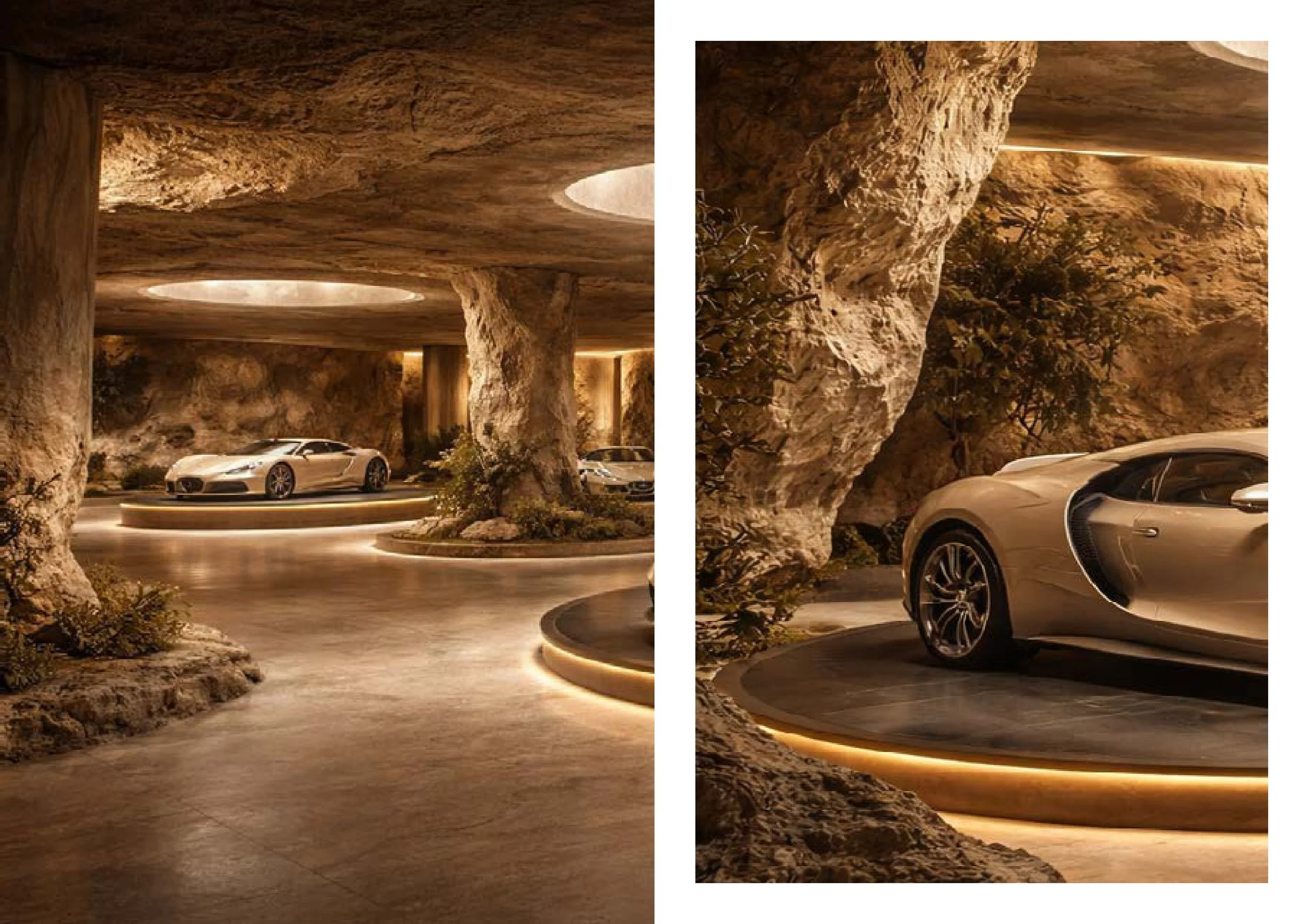 Une scène souterraine avec des voitures de sport de luxe, des rochers et un éclairage doux