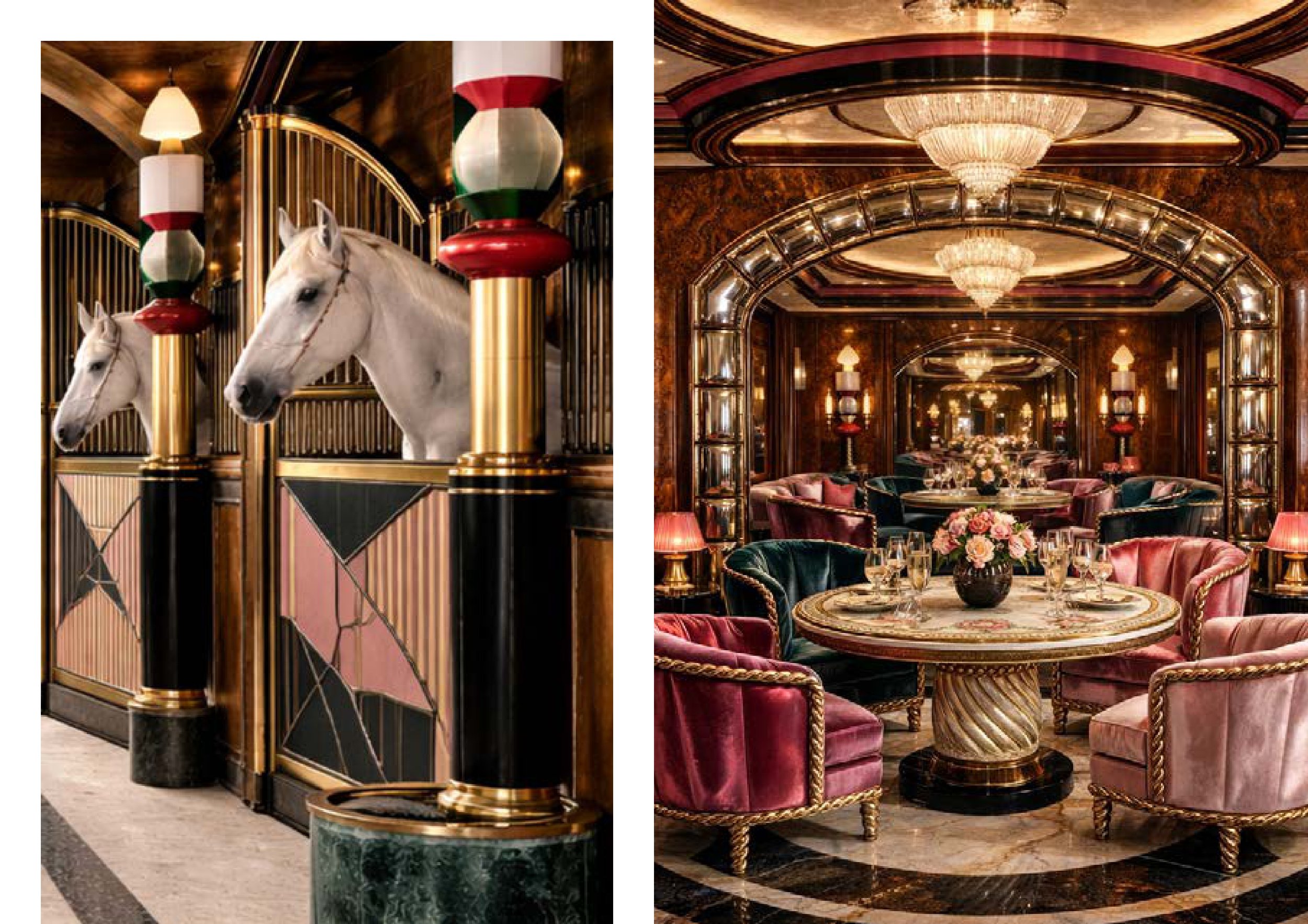 Deux chevaux blancs dans une volière luxueuse décorée avec des colonnes en or, lampes et lampions rouges, blancs et verts. À droite, une salle de banquet élégante avec un plafond en or, un grand chandelier, murs en marbre, tables rondes avec fleurs e