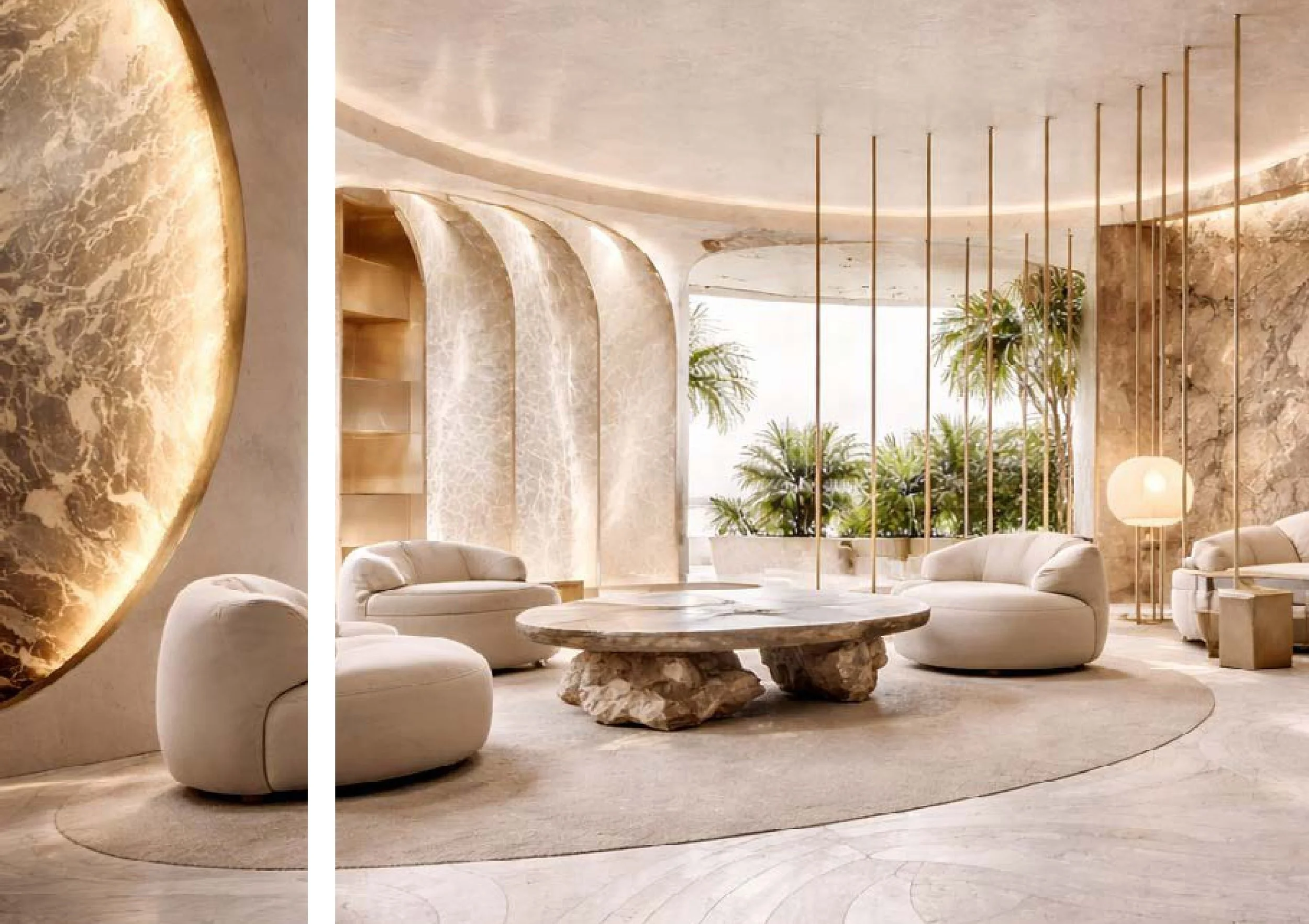 Un salon élégant avec des meubles en cuir blanc, un tapis beige, une table en pierre, des murs en marbre beige et des plantes vertes près de grandes fenêtres avec des volets en bois, créant une ambiance moderne et chaleureuse.