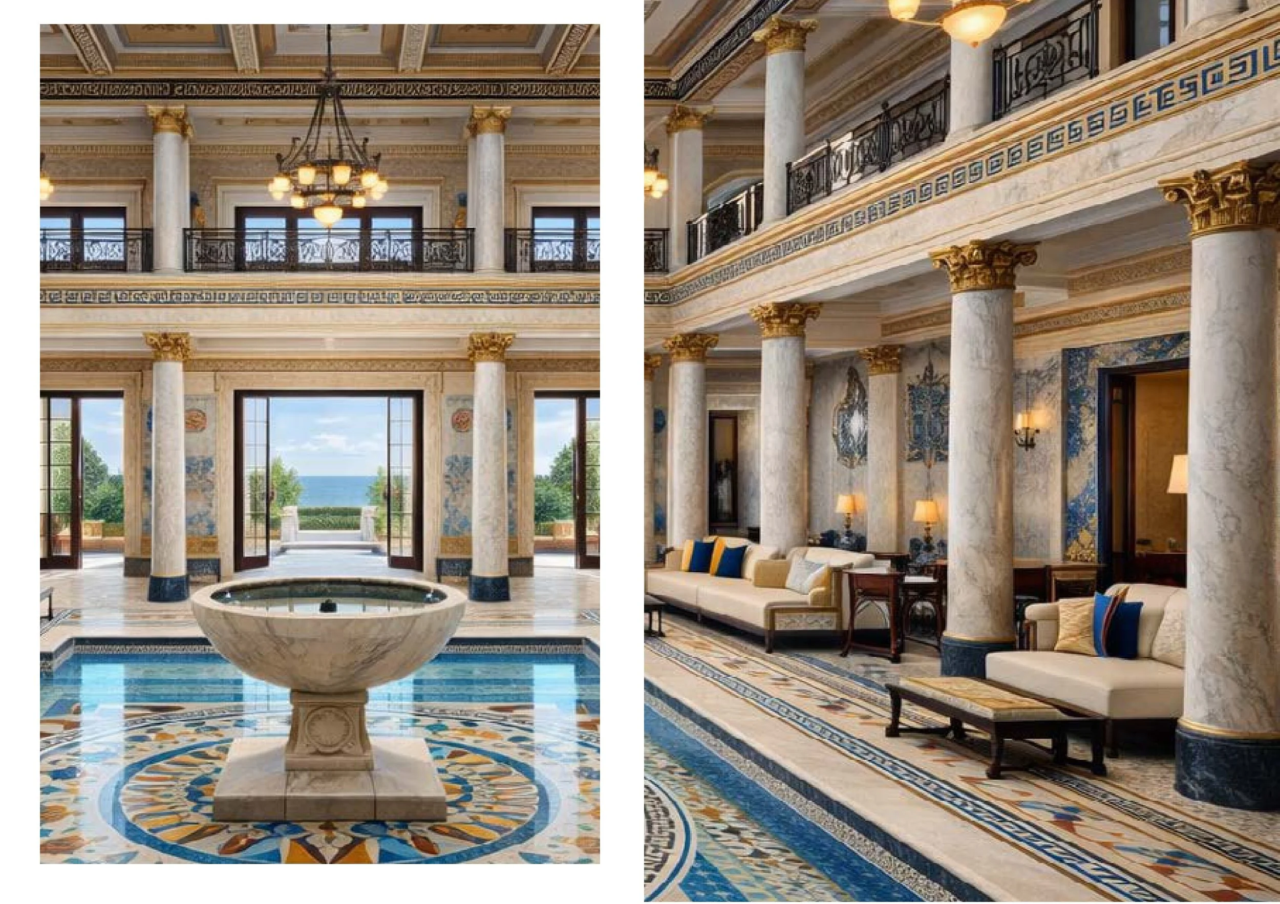 Intérieur somptueux avec colonnes en marbre, plafonds ornementés, grand chandelier, muraille ornée de mosaïques, mobilier en bois, tapis elaborate et vue sur l'extérieur avec arbres et mer.