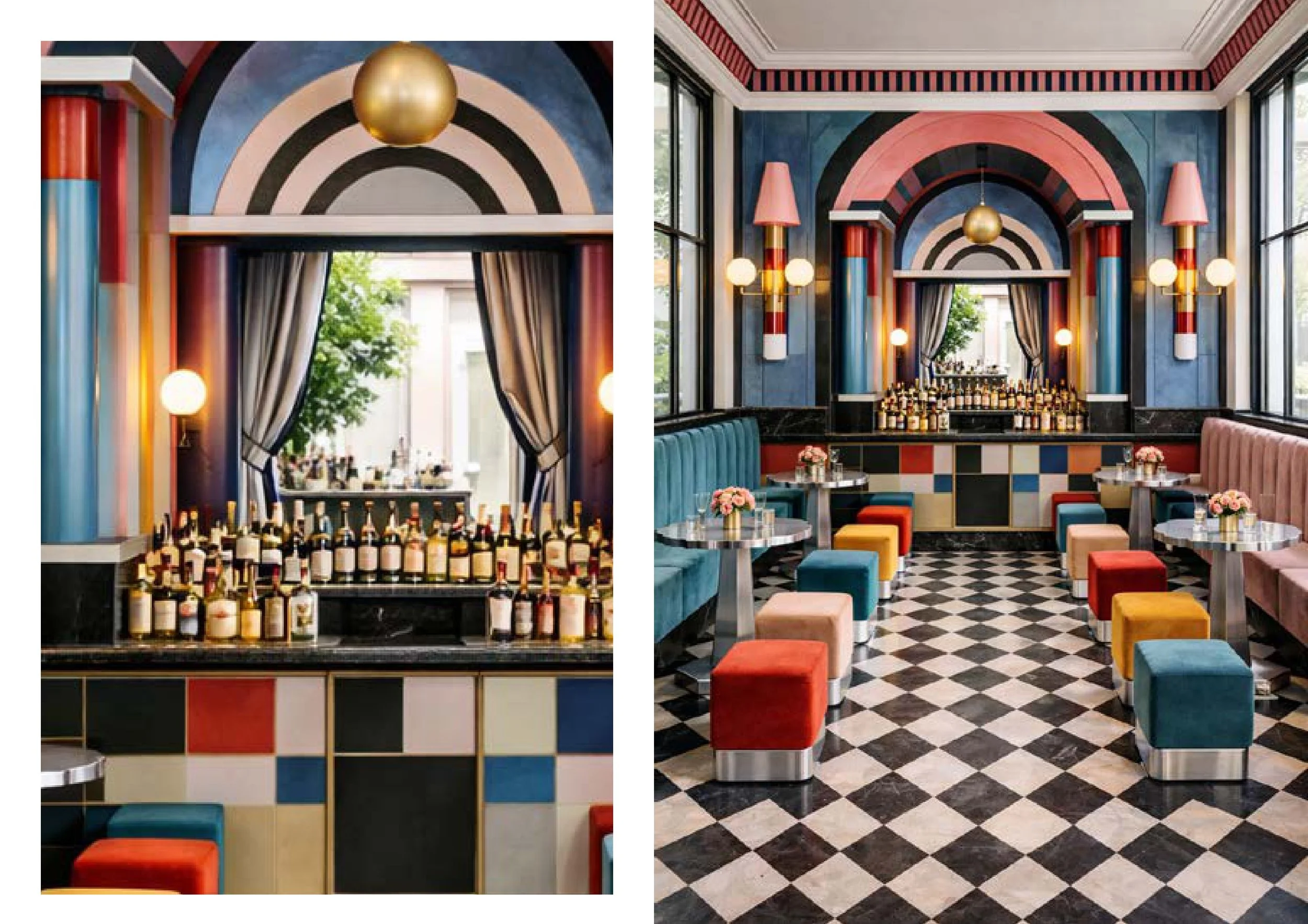 Intérieur d'un restaurant ou d'un salon de style rétro avec un motif arc-en-ciel sur le mur, des lampes en forme de globe, des chaises colorées et un sol en damier noir et blanc.