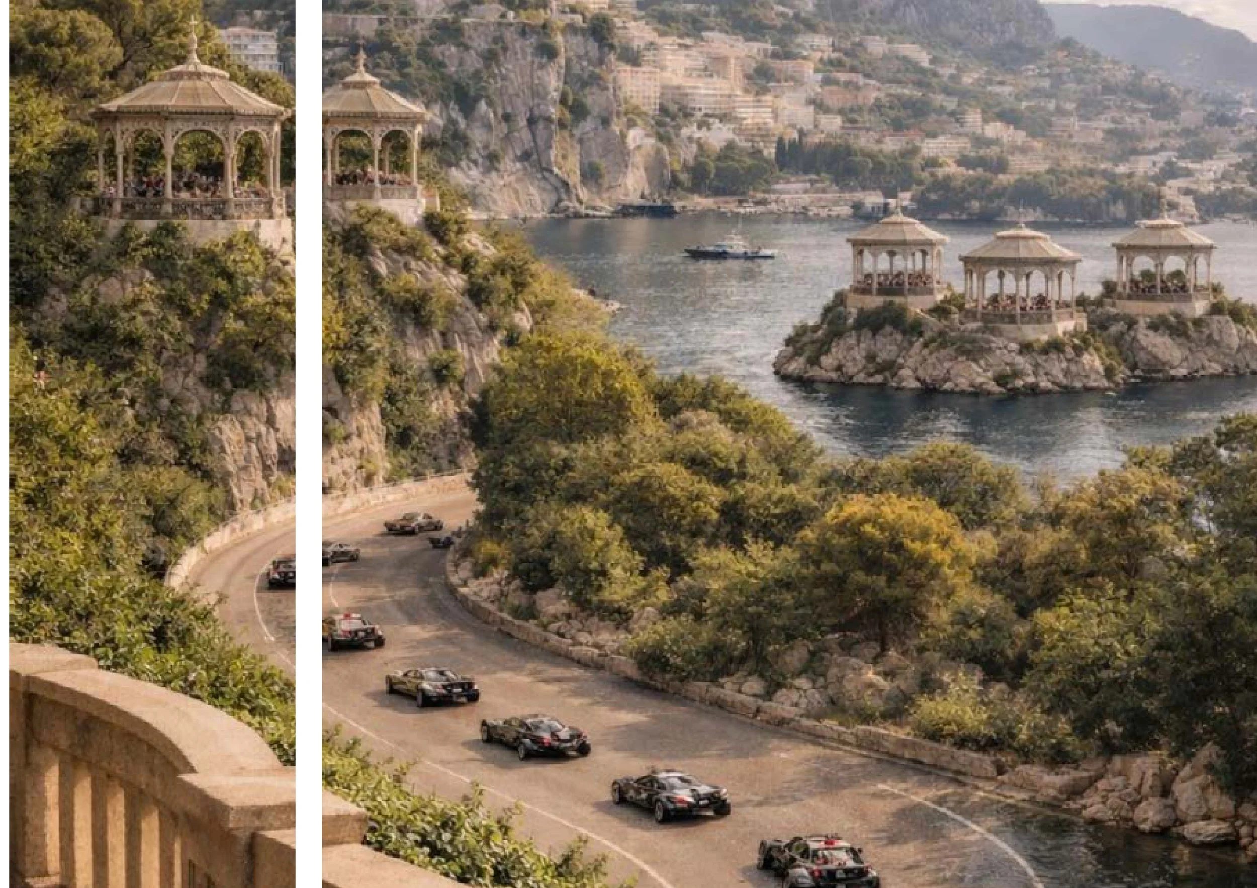 Une vue de la côte méditerranéenne avec des cabanons en pierre et un parapet en pierre au premier plan, une route en pente avec des voitures, une étendue d'eau, des bâtiments sur la colline en arrière-plan et des arbres verts.