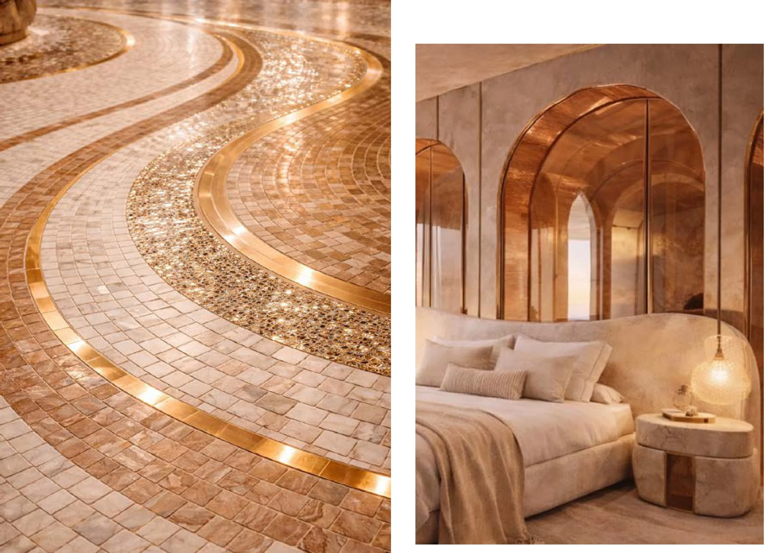 Deux images côte à côte: la première montre un sol en mosaïque de couleurs beige, orange et marron avec des motifs ondulés. La seconde montre un intérieur avec des arches en bois et des murs en pierre, un canapé beige avec des coussins, et une table 