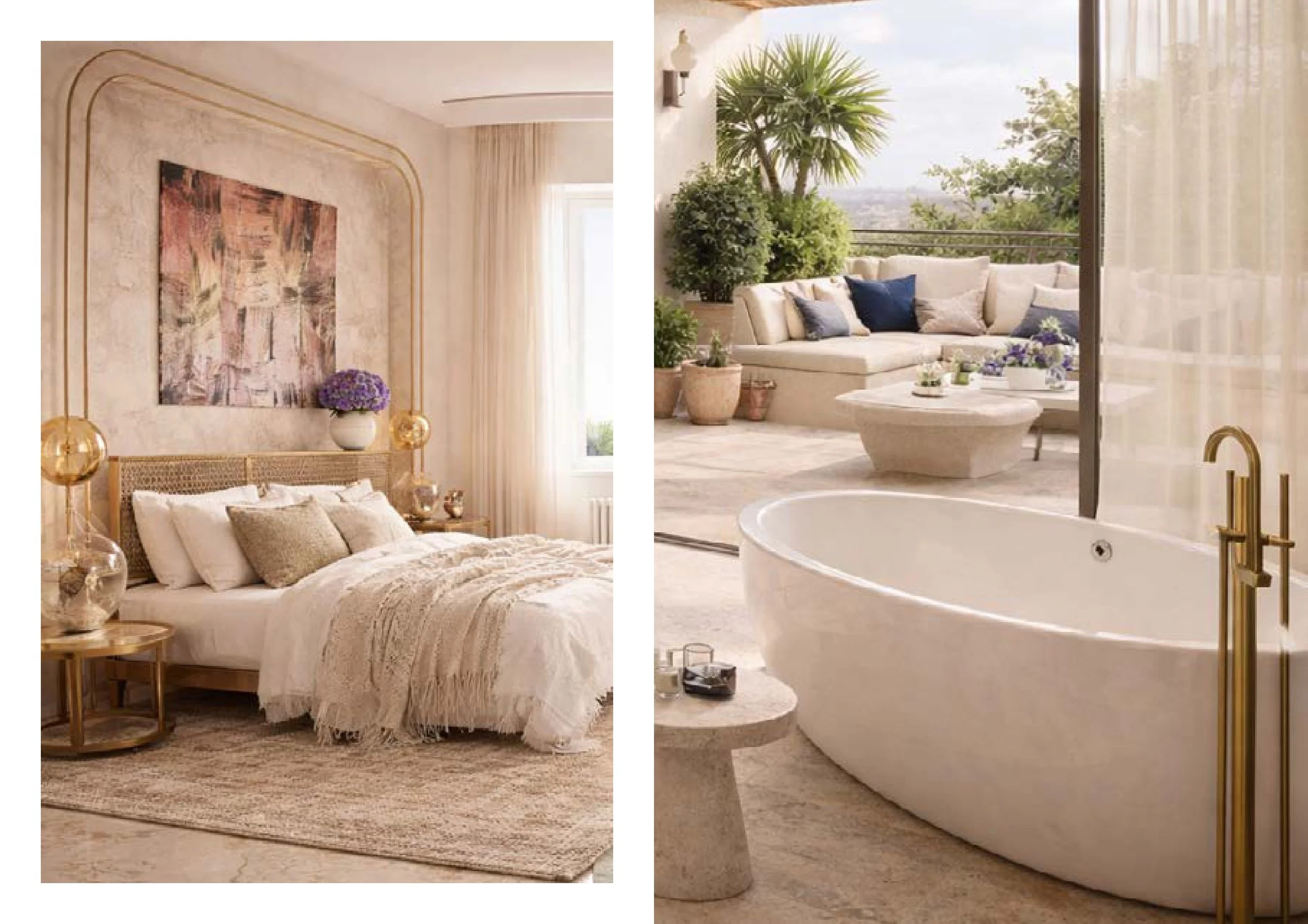 Une chambre moderne avec un lit fait de draps crème, décoration en or et plantes violettes, et un salon avec des coussins bleus et beige sur un canapé blanc face à une terrasse avec des plantes vertes et un jacuzzi.