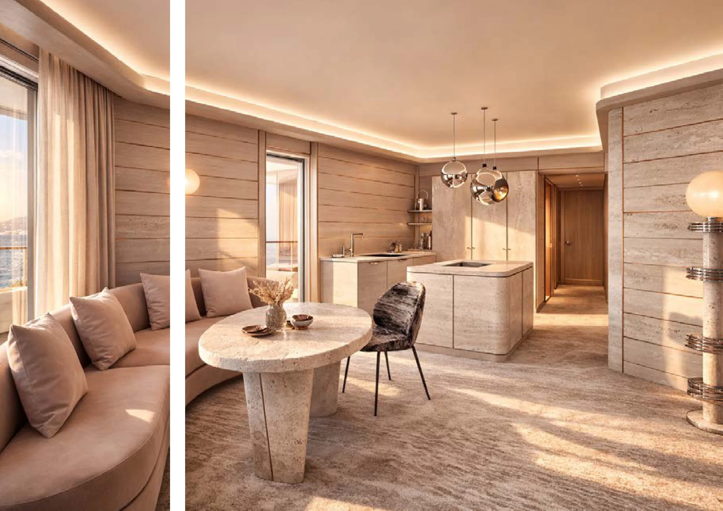 Intérieur moderne d'un appartement avec un salon, une salle à manger, une cuisine en arrière-plan, décoration élégante en bois clair, mobilier beige, éclairage au plafond et avec des suspensions suspendues