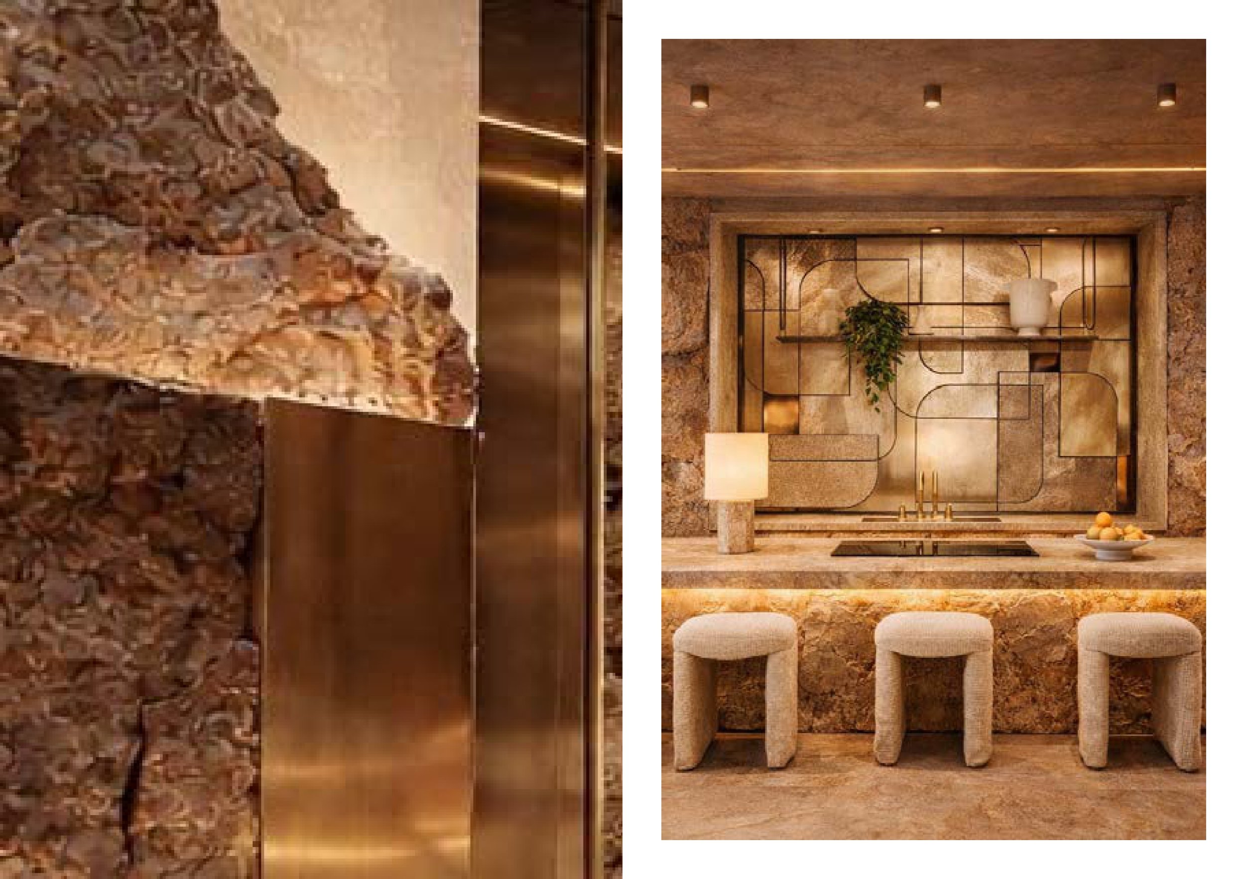 Deux images côte à côte, la première montrant une surface en pierre avec des détails de texture, la seconde montrant un intérieur avec un mur en pierre, un mobilier minimaliste et des éléments de décoration modernes.