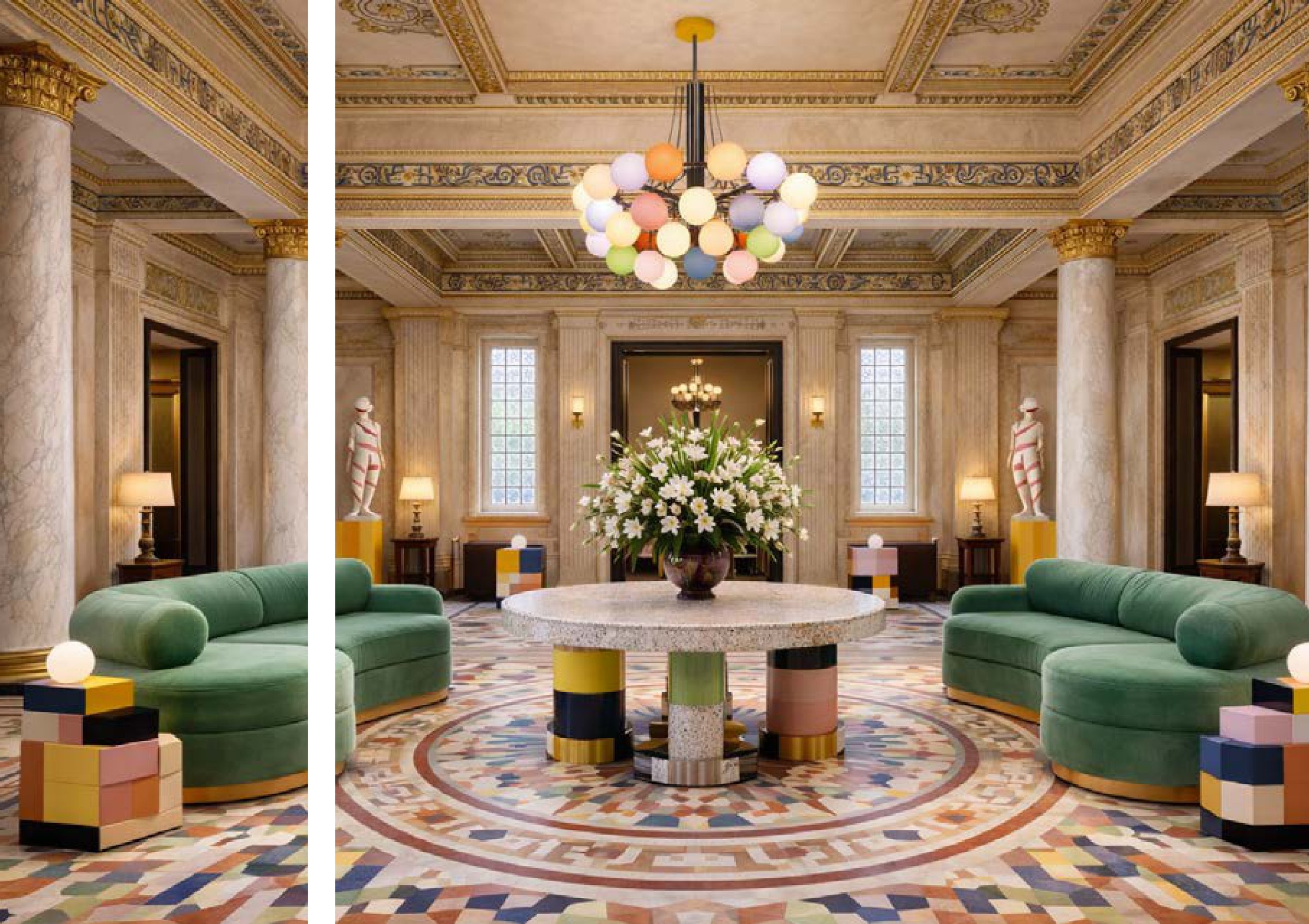 Salle élégante avec un plafond orné, un chandelier coloré, une table ronde avec un vase de fleurs blanches, deux sofas verts, et des sculptures classiques.