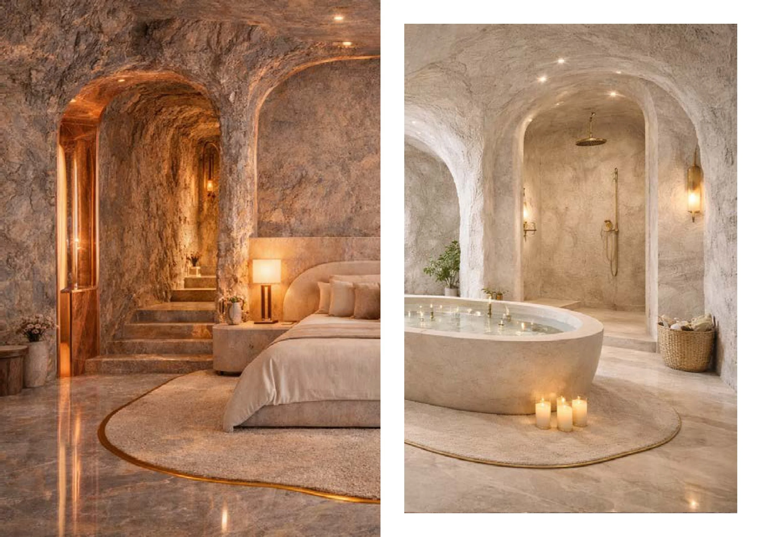 Comparaison de deux intérieurs de salle de bain en pierre, une avec éclairage chaud et une avec éclairage blanc, décorée de manière minimaliste avec des bougies