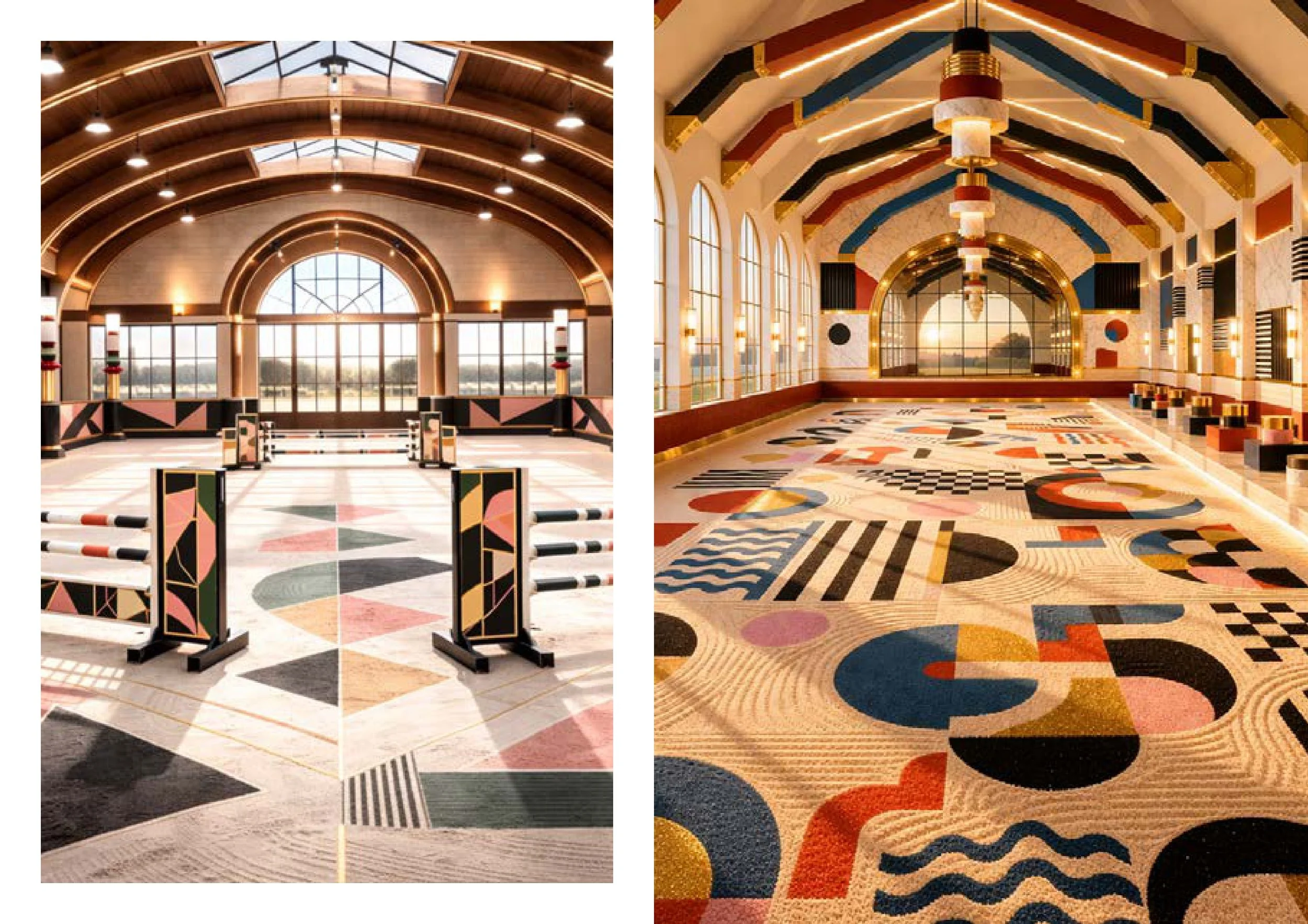 Deux halls archés avec des plafonds en bois, grands fenêtres, et des sols avec des motifs géométriques colorés. Le premier hall a une ambiance lumineuse naturelle, le deuxième est décoré avec un tapis à motifs abstraits et un plafond coloré.