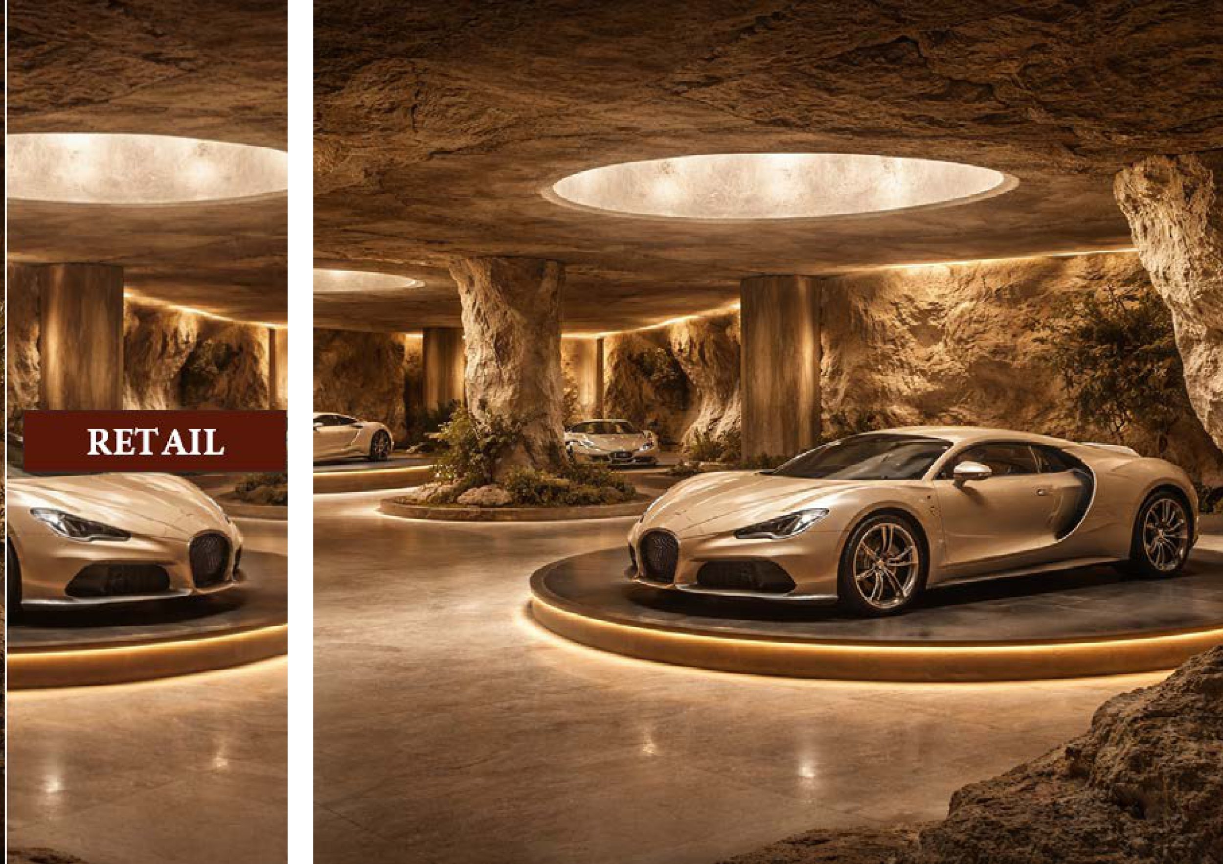 Une salle de stationnement souterraine intégrée dans une roche, avec un plafond en pierre naturelle et des lumières intégrées. Plusieurs voitures de luxe, dont des Ferrari, sont garées au sol. La structure donne une impression de fusion entre la natu
