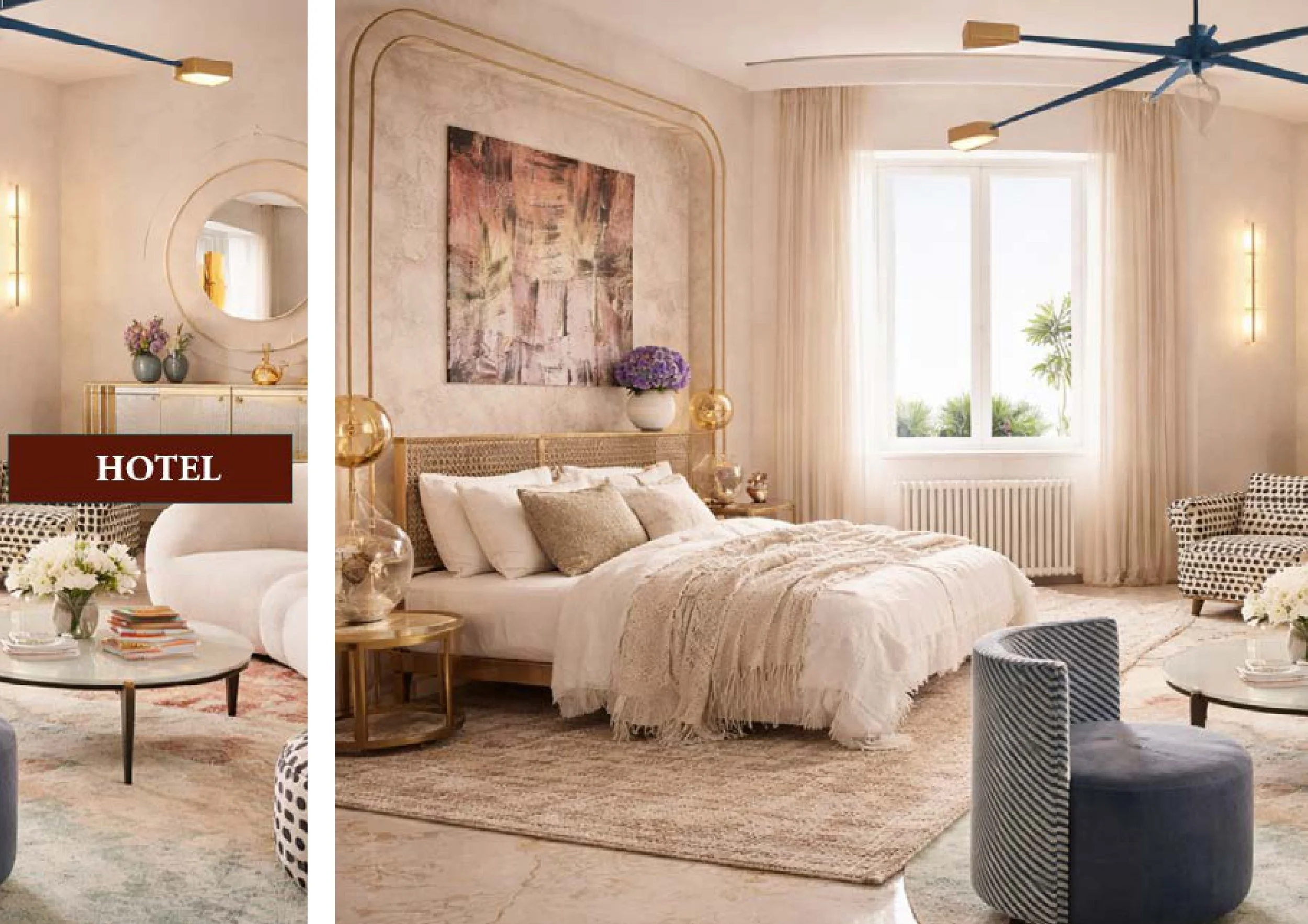 Une chambre d'hôtel élégante avec un lit, une peinture abstraite au mur, une fenêtre donnant sur un extérieur ensoleillé, et plusieurs éléments décoratifs en or et en vases avec des fleurs.
