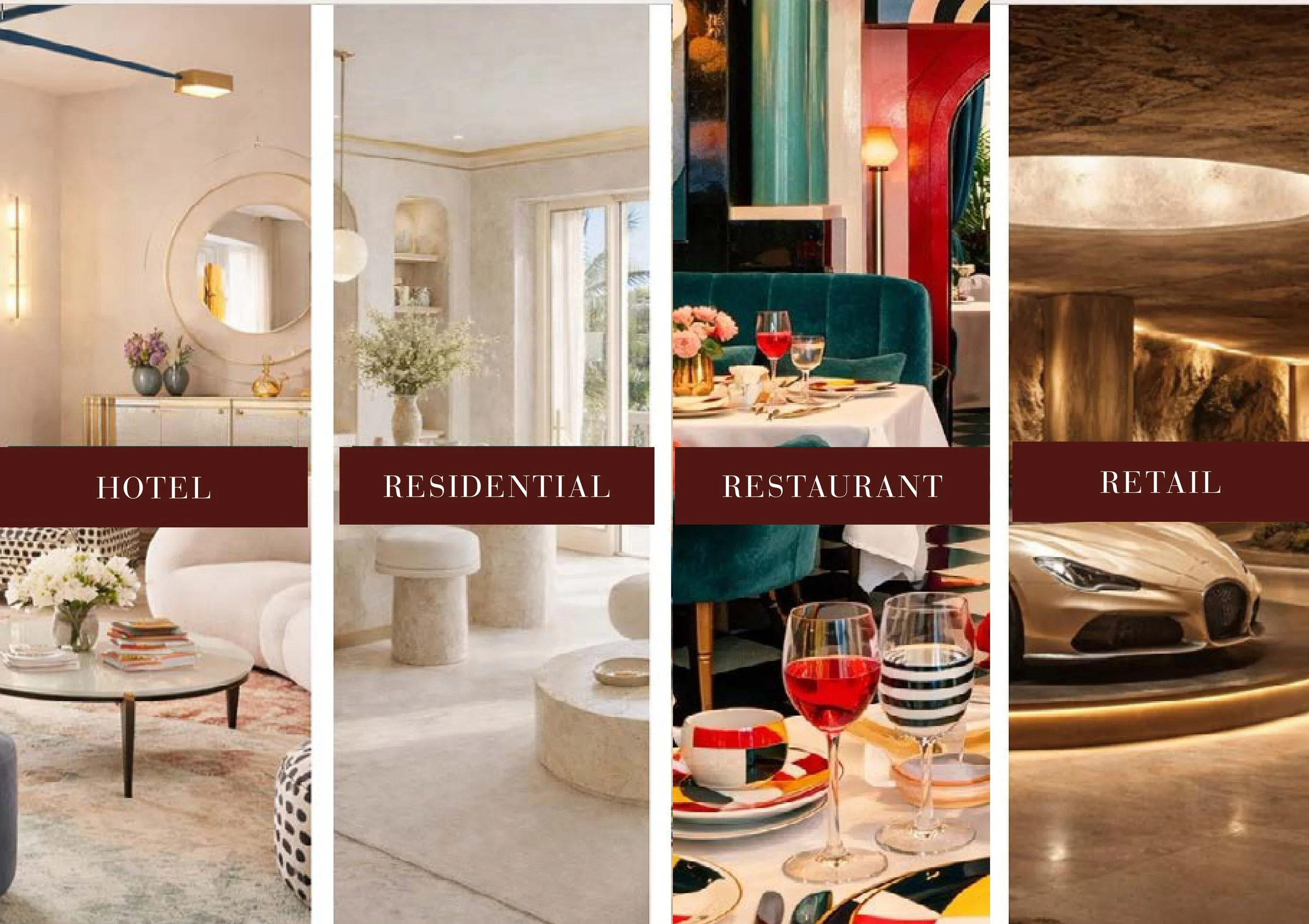 Quatre sections illustrant différents espaces : un hôtel avec deux vases de fleurs sur une console, une résidence avec une table ronde en pierre et une grande fenetre, un restaurant avec une table dressée, et un espace de vente au détail avec une voi