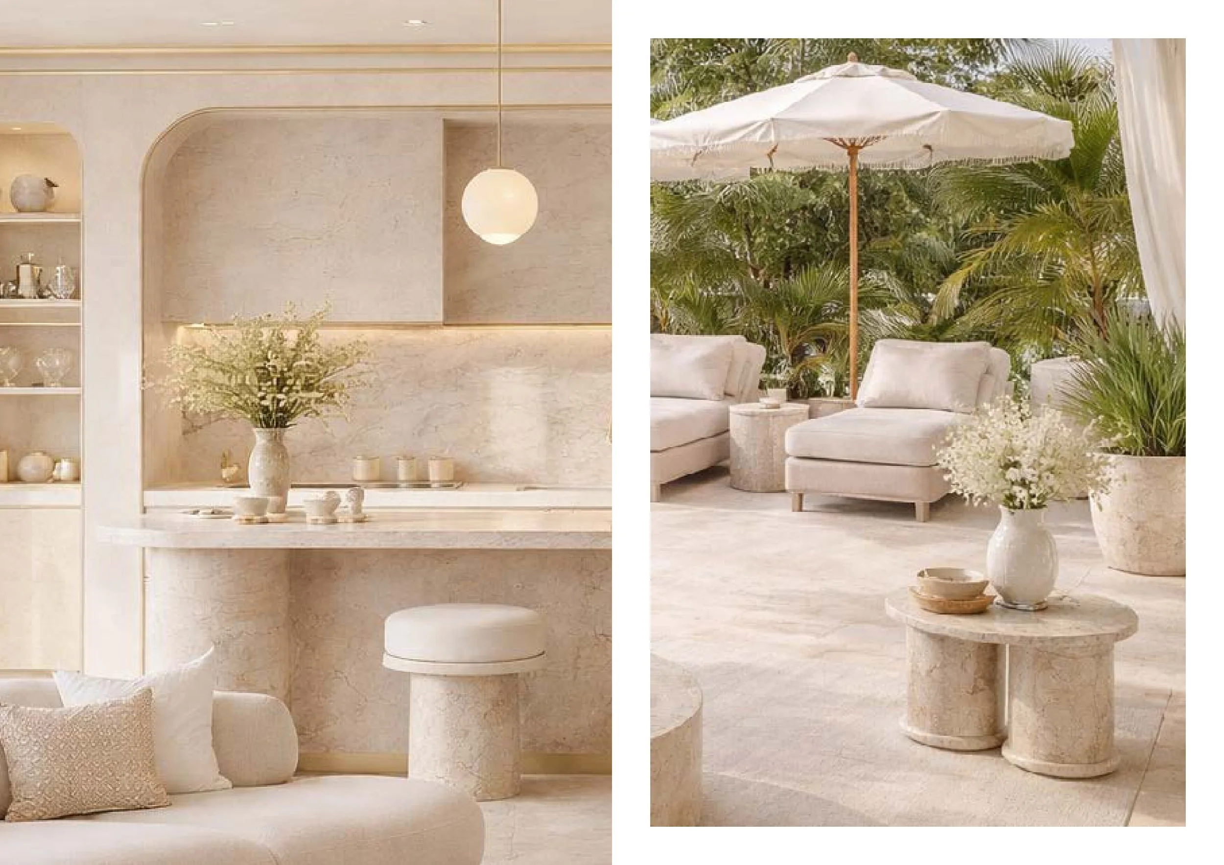 Image divisée en deux parties montrant un intérieur lumineux avec des éléments en pierre ou en céramique, notamment des vases avec des fleurs et des bougies, ainsi qu'un espace extérieur avec des meubles blancs et un parasol sous un ciel ensoleillé a