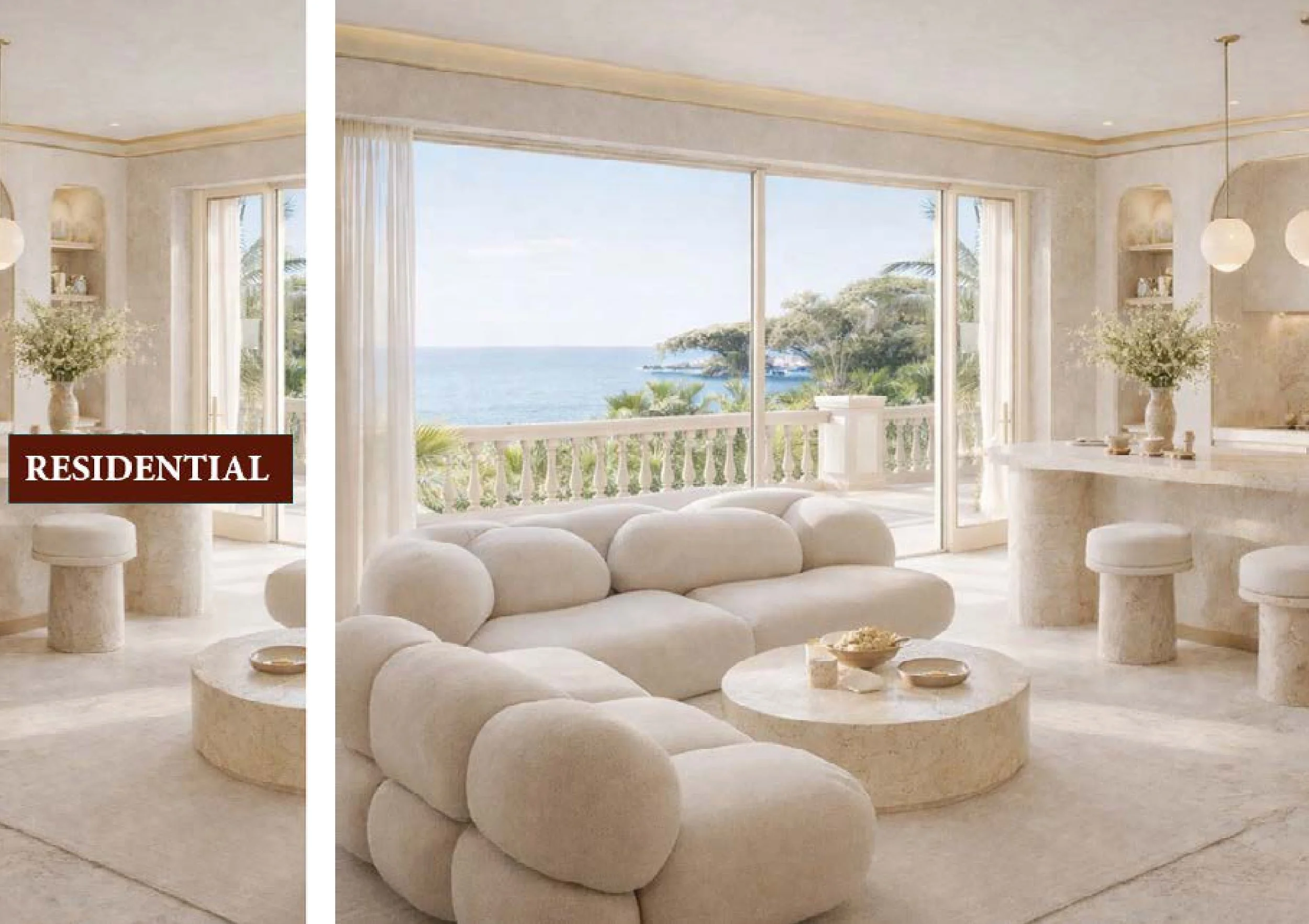 Salon résidentiel lumineux avec vue sur la mer, comprenant un grand canapé blanc rond, des tables basses en pierre, des étagères encastrées contenant des objets décoratifs, et une baie vitrée offrant une vue panoramique sur l'océan et la verdure envi