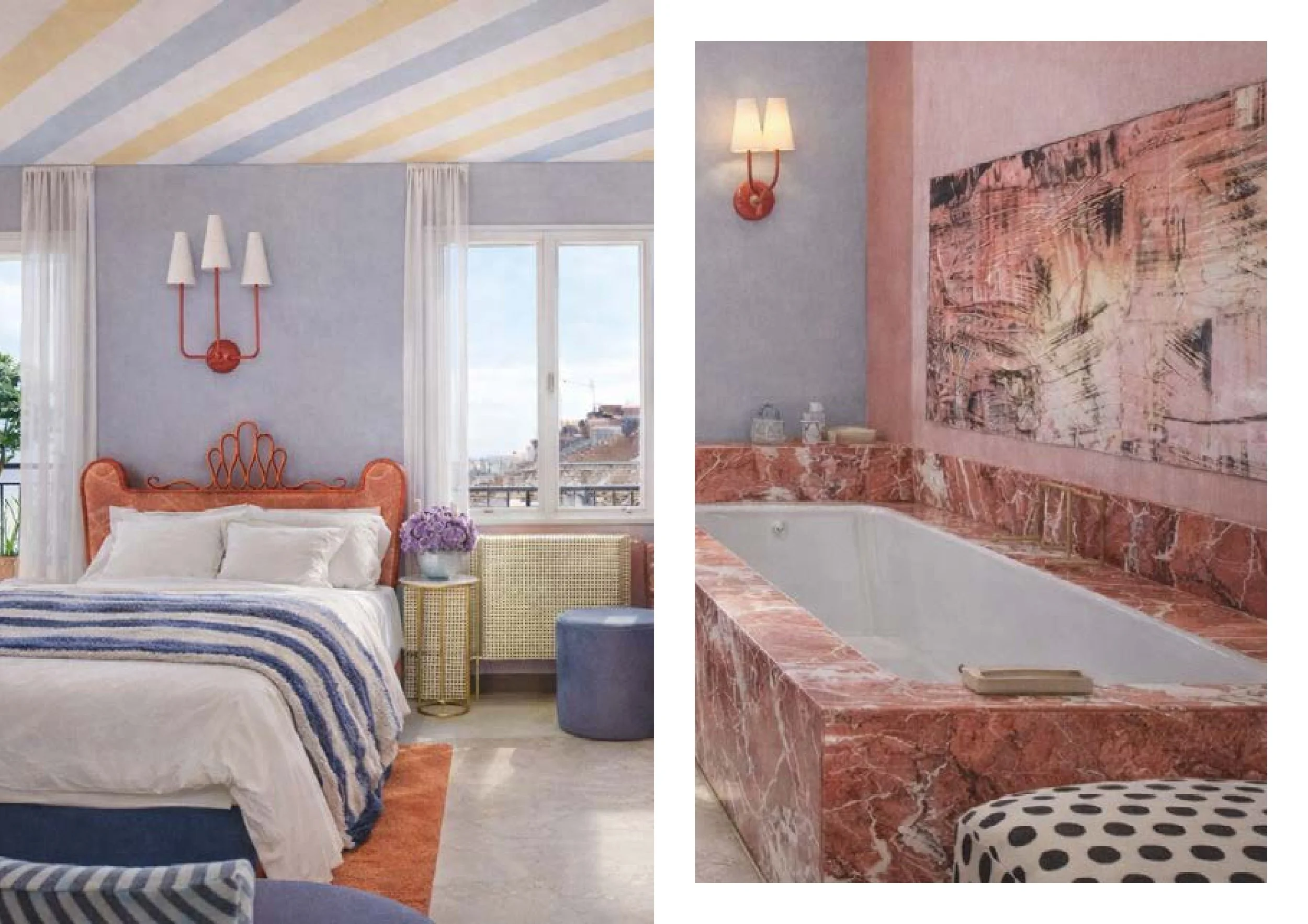Une chambre avec un lit, une tête de lit en osier orange, un vase de fleurs violettes, et une fenêtre. La salle de bain attenante a une baignoire en marbre rose avec un mur en marbre assorti et un tableau abstrait.