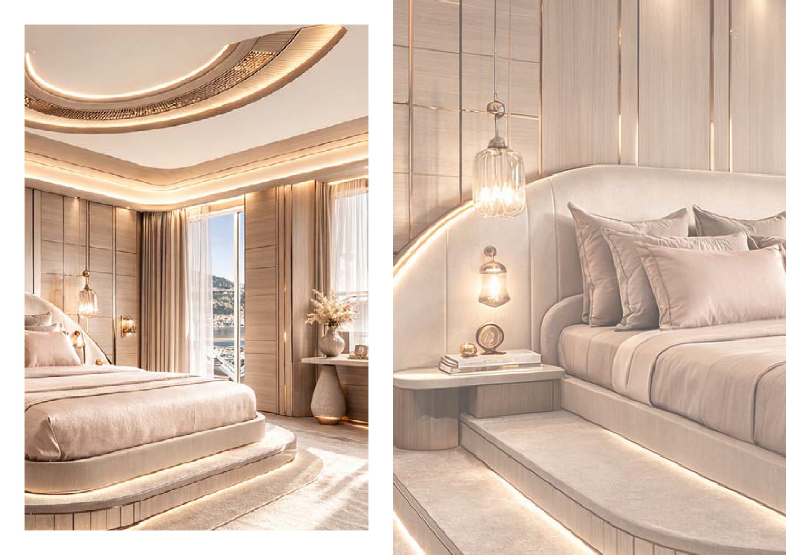 Deux vues d'une chambre élégante avec un style moderne, comprenant un lit avec une tête de lit rembourrée beige, des lampes suspendues en verre, des rideaux blancs, et des murs en bois clair avec des éclairages intégrés.