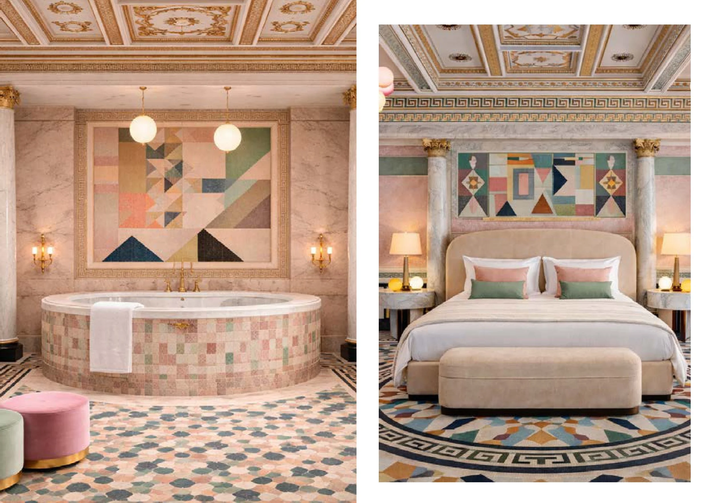 Deux images de chambres luxueuses avec un plafond orné, des murs en marbre, des œuvres d'art géométriques, un lit avec une tête de lit en sommeil beige, et des tapis colorés avec motifs géométriques.