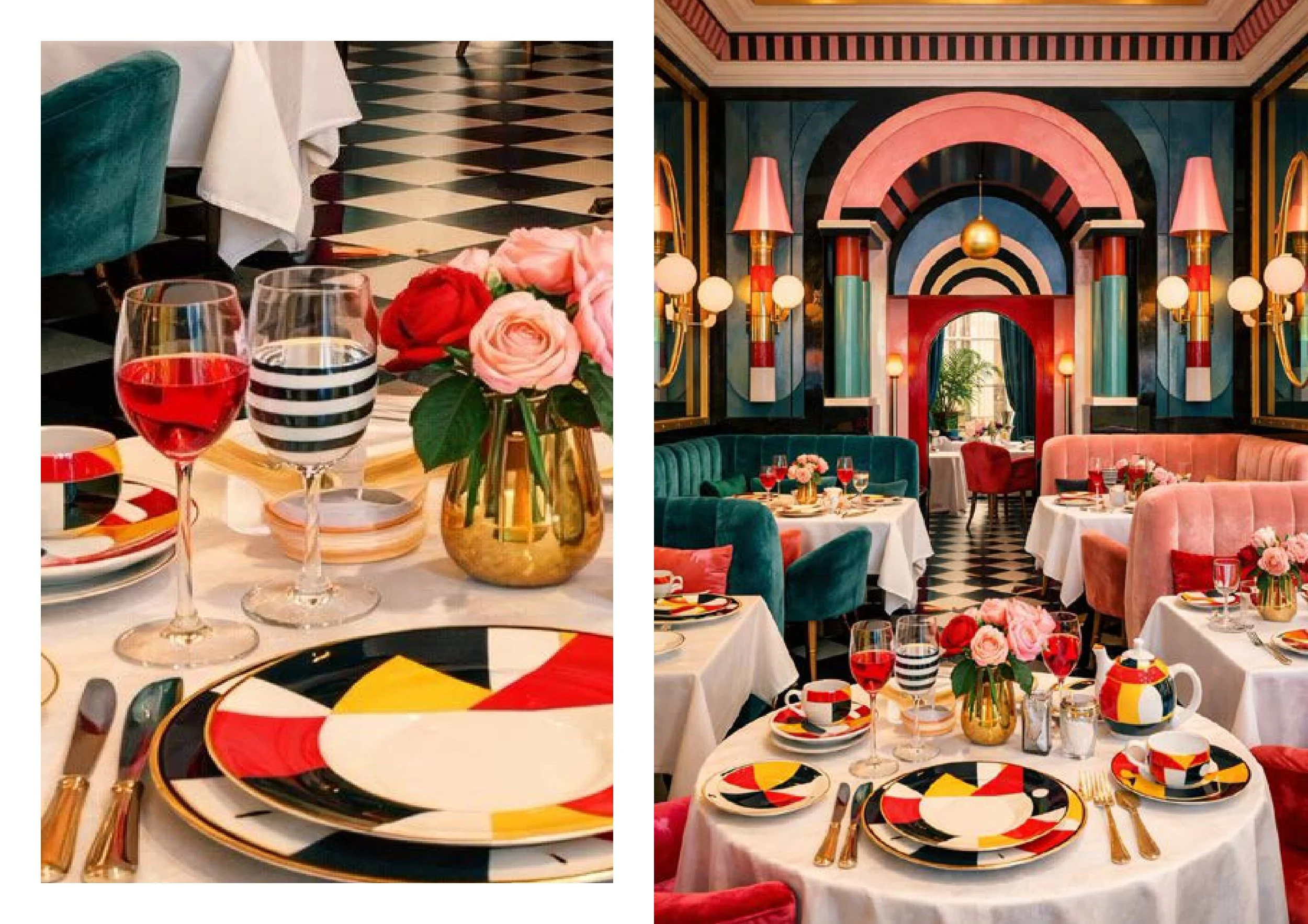 Décor de restaurant avec tables élégantes, vaisselle colorée, bouquets de roses comme centre de table, murs peints avec des motifs géométriques colorés, lampes roses, fauteuils en velours vert et rose, sol en damier noir et blanc.