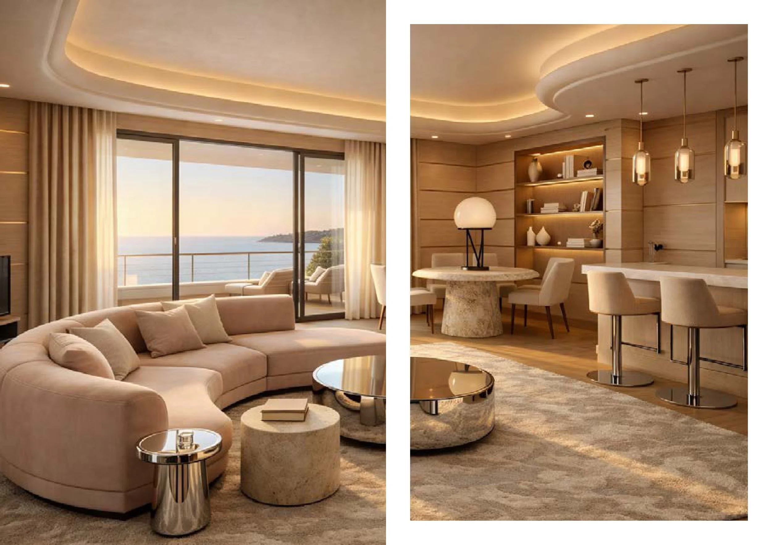 Salon moderne avec canapé en velours beige, table basse, grande fenêtre avec vue sur la mer, éclairage chaud, intérieur en bois clair.