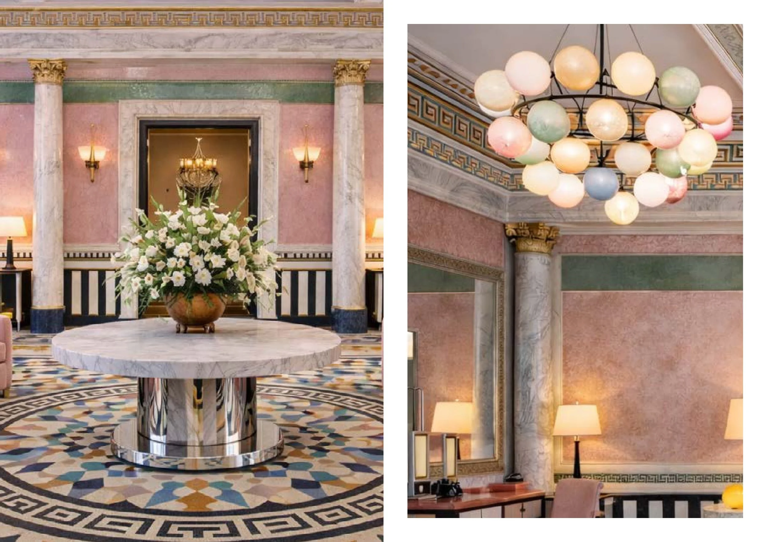 Une salle élégante avec des murs roses, des colonnes en marbre blanc, un grand vase de fleurs blanches sur une table en marbre, un lustre en forme de sphères colorées suspendu au plafond, et des lampes sur les côtés.