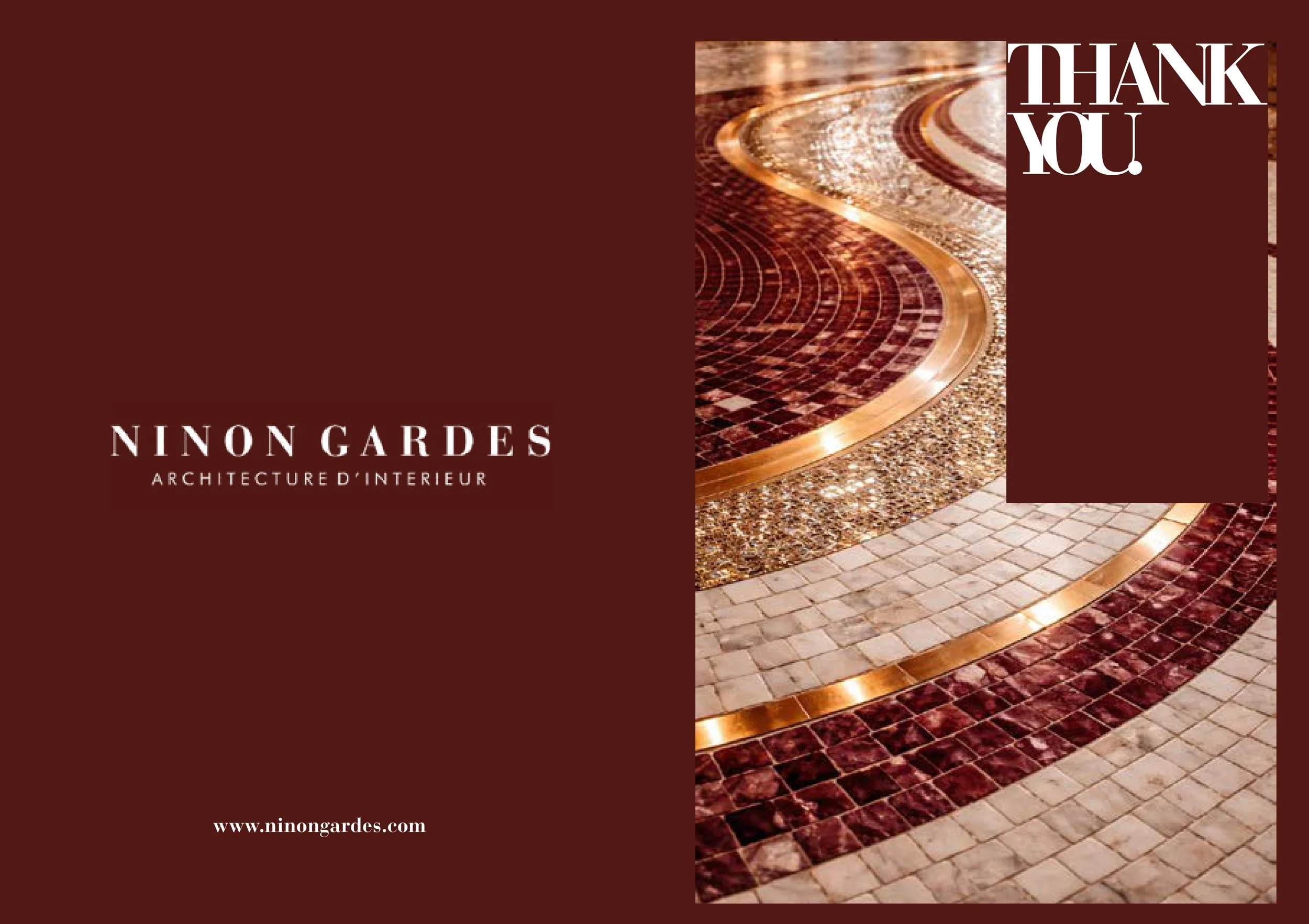 Une image divisée en deux parties. La gauche montre un fond marron avec le texte 'NINON GARDES ARCHITECTURE D'INTÉRIEUR' en blanc et l'adresse web 'www.ninongardes.com'. La droite présente un motif de mosaïque de sol en carreaux de différentes couleu