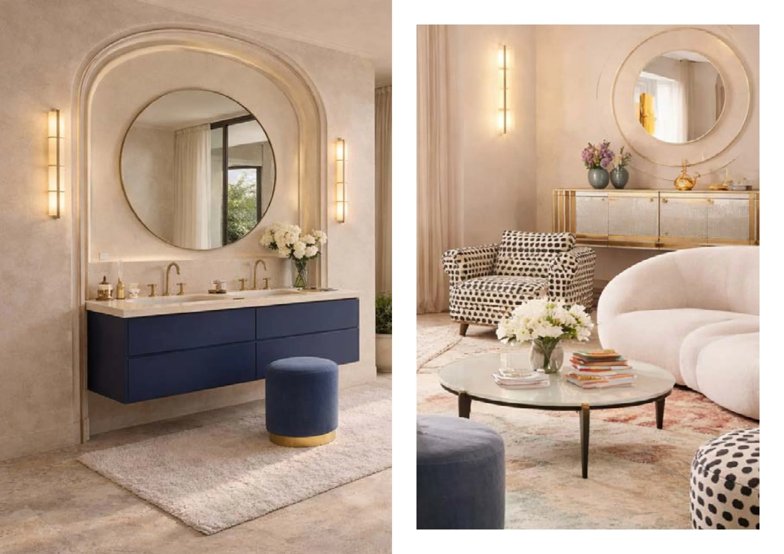 Deux images intérieures, la première montre un lavabo avec un grand miroir rond, des fleurs et des objets de toilette, la deuxième montre un coin salon avec un miroir rond, une commode, des vases de fleurs et une chaise à motif noir et blanc.
