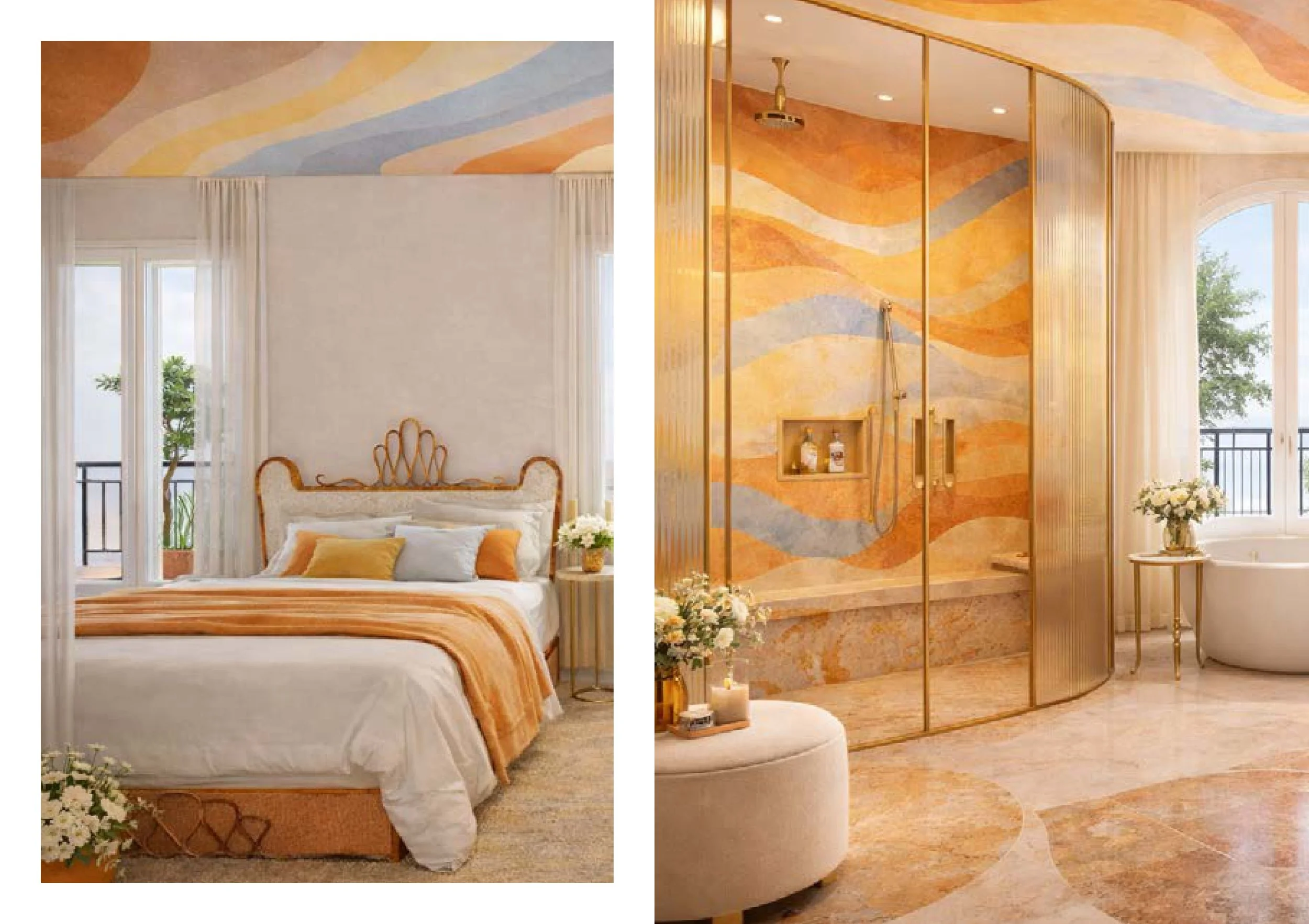 Deux images côte à côte, la première montre une chambre avec un plafond peint aux couleurs pastel, un lit avec un tapis orange, et une fenêtre avec des rideaux blancs. La deuxième image montre une salle de bain en partie séparée par un mur en verre a